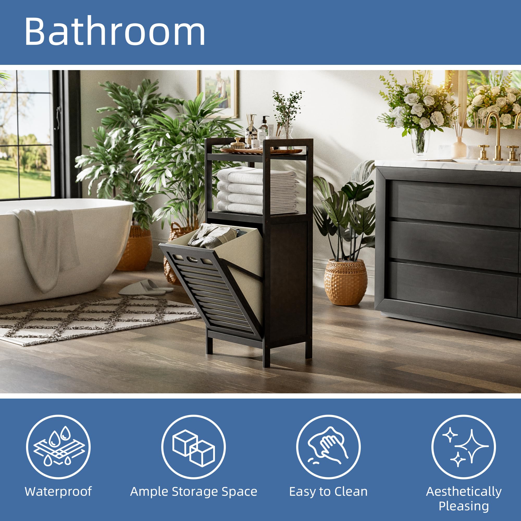 HITNET ‌Badschrank mit Wäschekorb, Wäscheschrank, Bambus Badezimmerschrank mit Wäschesammler und 2 Offene Regale, 40L Herausnehmbare Innentaschen mit Griffen für Badezimmer Schlafzimmer, Schwarz