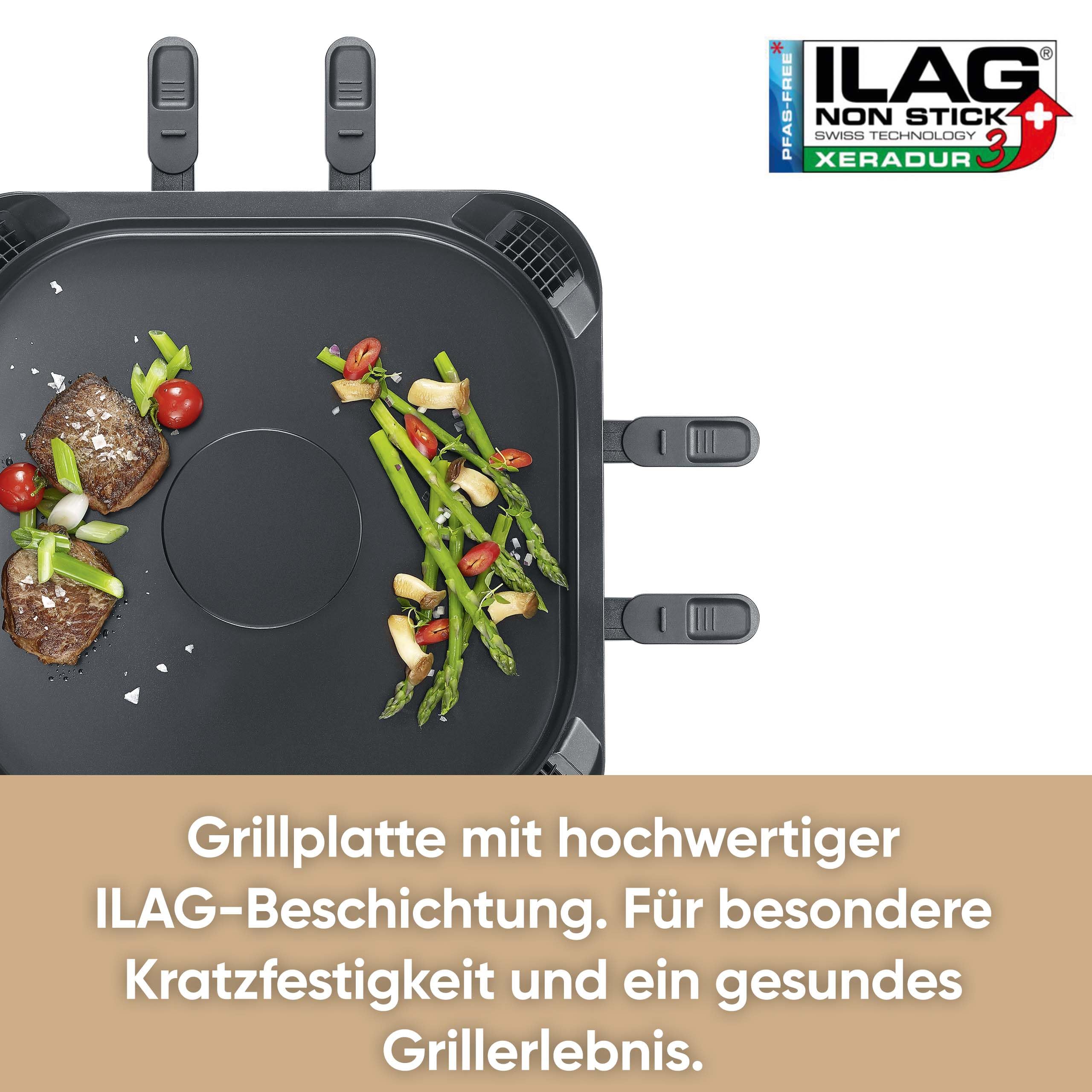 Severin S-Joy Sevento Raclette-Grill mit integriertem Umluft-Filter: weniger Rauch & Gerüche, Digital-Display, 8 Pfännchen & 8 Spatel, kratzfeste ILAG-Beschichtung, bis 230°C, 1900W, schwarz, RG 2350