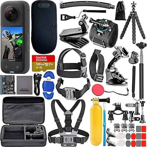 insta360 X3 - Cámara de acción impermeable 360 Sensores de 48 MP Video HDR de 57 K Paquete de fotos de 72 MP 360 con memoria SanDisk Extreme de