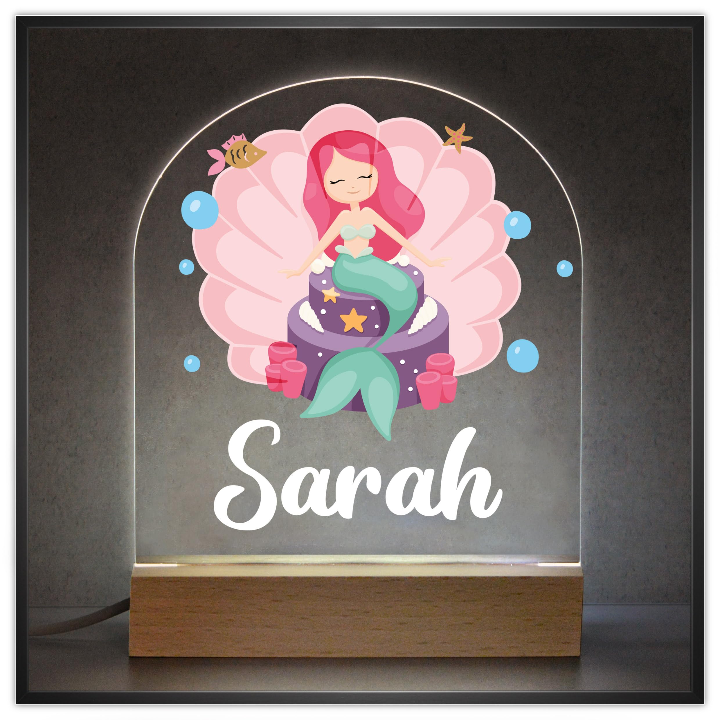 Beecreative Personalised Mermaid Bedroom Night Light with Childs Name, LED Night Light for Girls, Mermaid Theme Bedroom Decor, Baby Toddler Infant, Playroom Nursery Table Lamp