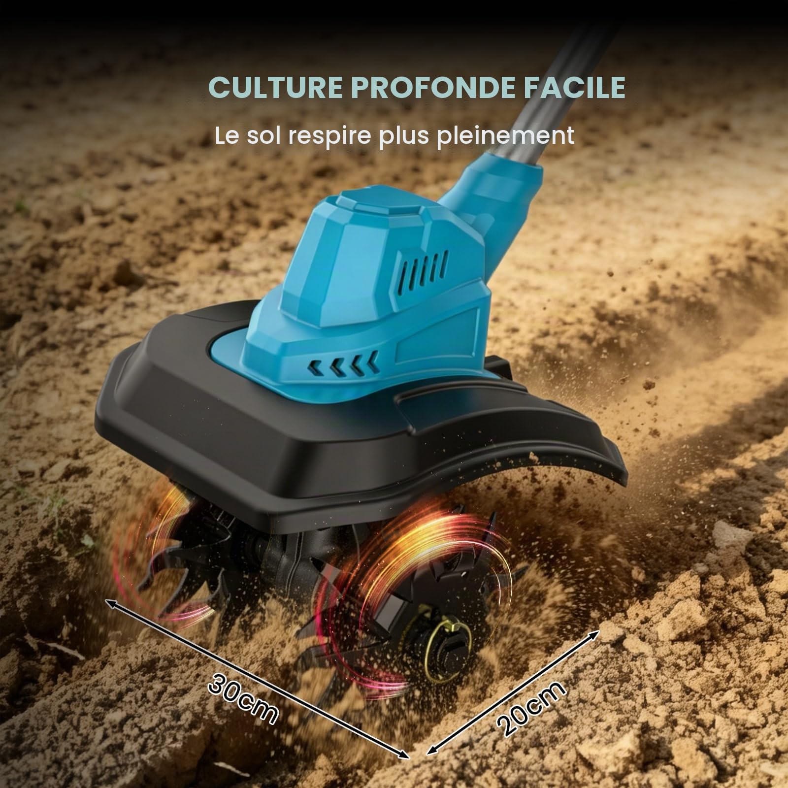 Motobineuse Électrique sans Fil, Motoculteur à Batterie | Moteur brushless 500W, 2 x 4.0Ah Batteries, écran LED, 2 Fraises Largeur 30cm/Prof 20cm, pour Travail du Sol, Potager