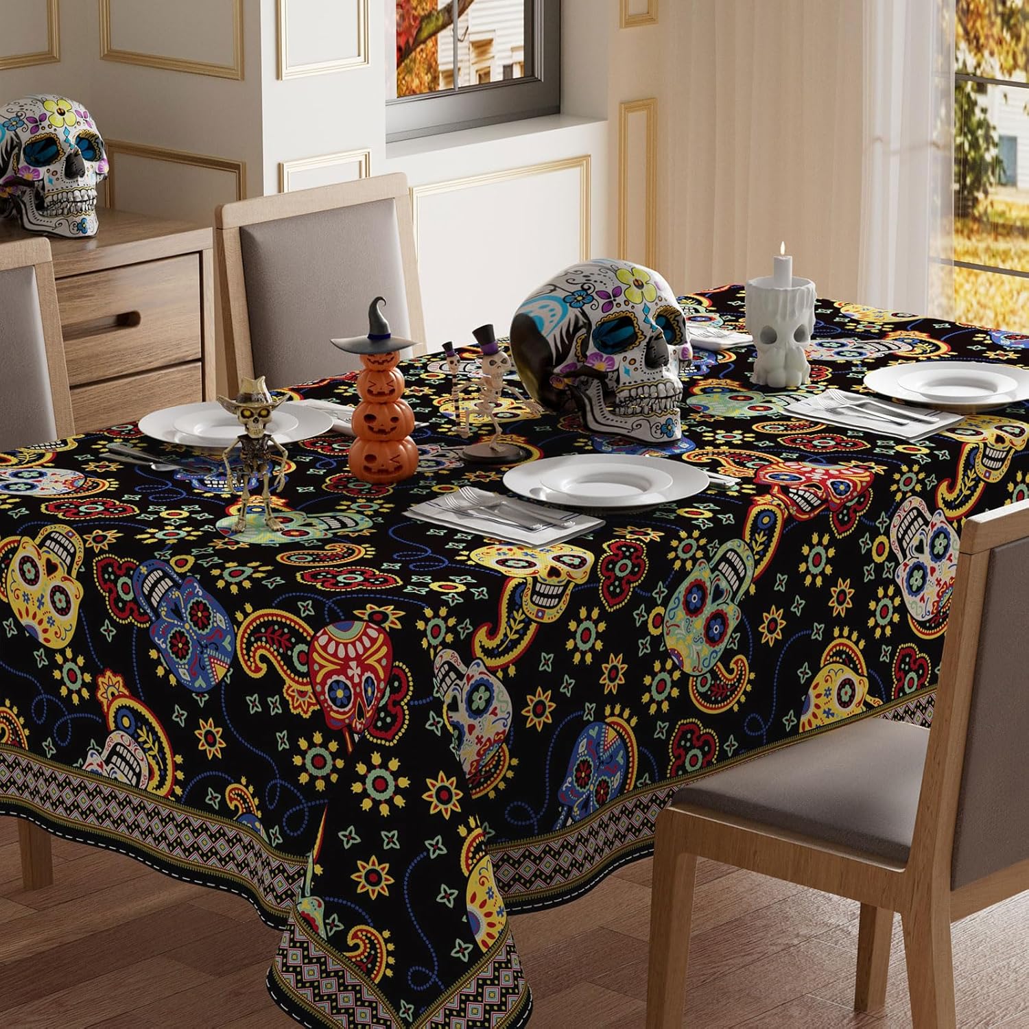 xchi colorful sugar skull flowers paisley dia de los muertos tablecloth rectangle washable day of the dead mexican table covers for indoor outdoor dining home party decorations 60x84 inch 84" x 60" (rectangular)