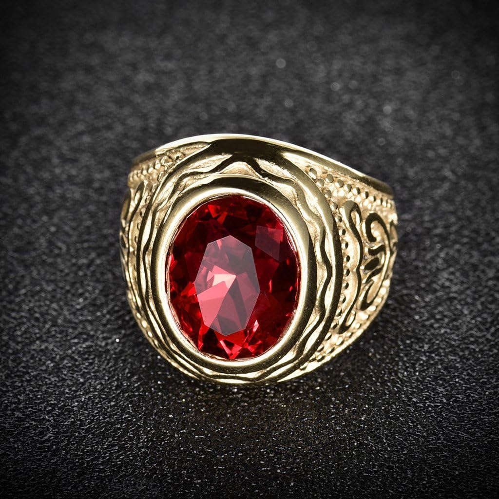 MASOP Lunxury Engraved Stainless Steel Mens Ring Red Synthetic Ruby Crystal Gold Color Wedding Band Rings - Image 3