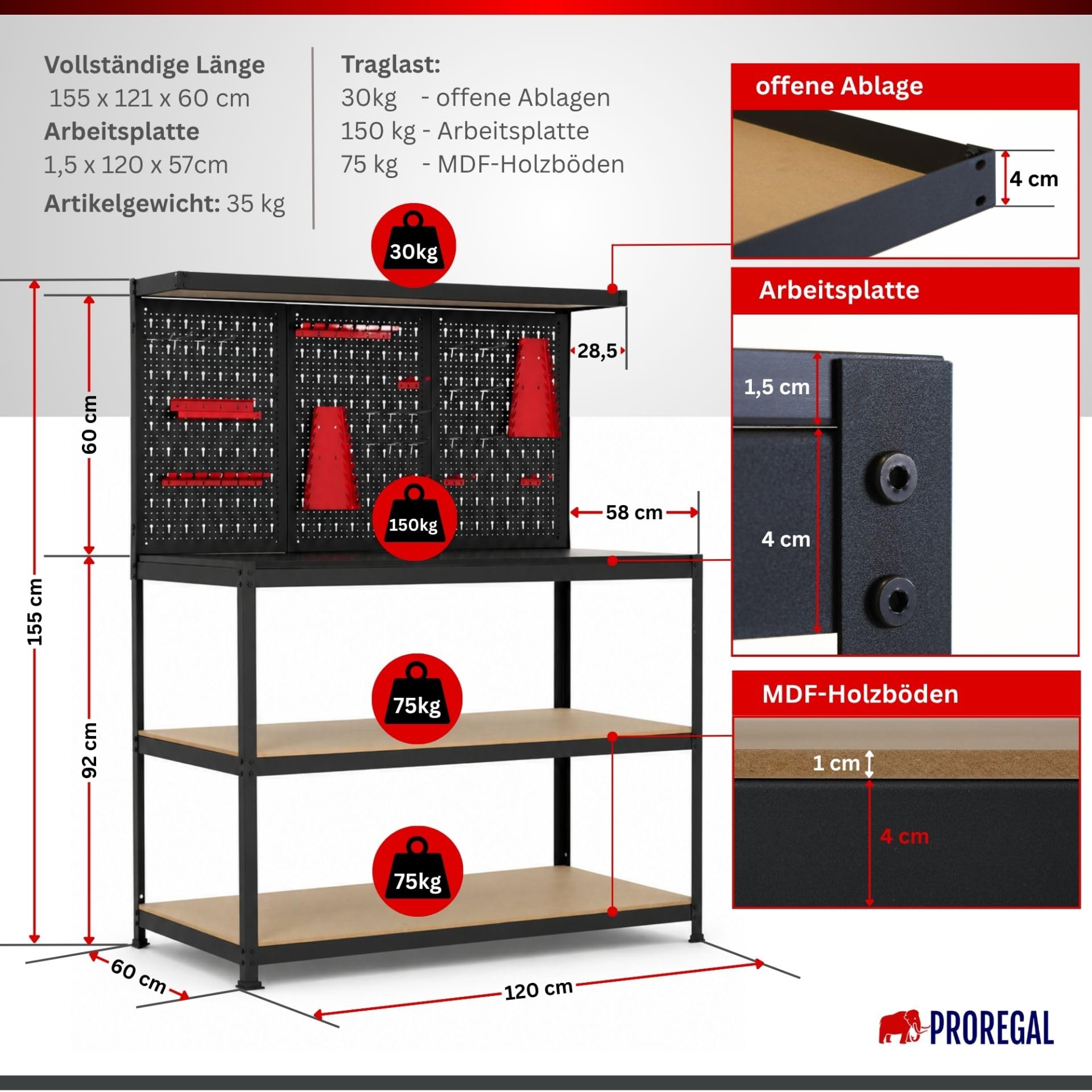 PROREGAL Profi Werkbank ARES mit Werkzeug Lochwand für Werkstatt 155x120x60cm Fachlast 150kg inkl. Werkzeughalter Schwarz Werktisch mit Lochplatte Werkzeugbank Arbeitstisch mit Werkzeugwand Werktisch