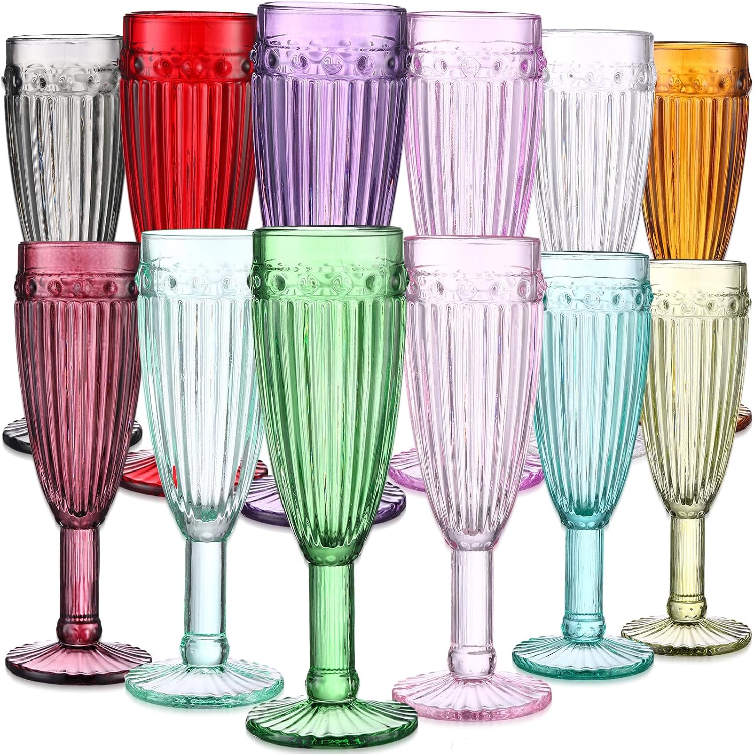 Roshtia 12 Pcs Colorful Champagne Flute Classic Champagne Glass 5 oz Vertical Stripe Beverage Glass Cup European Embossed Goblet Vintage Champagne Glass for Wedding Anniversary Birthday, 12 Colors