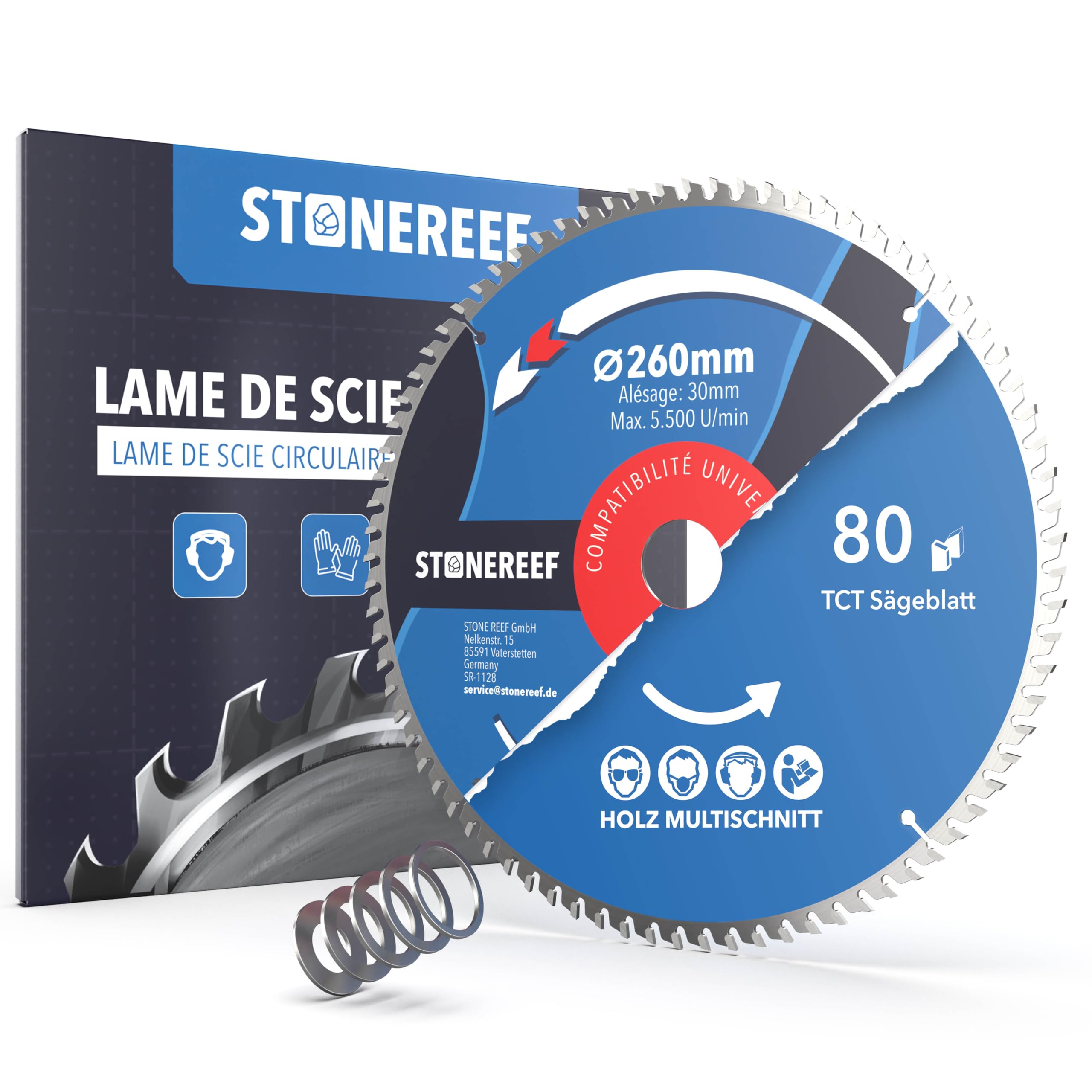 Lame de scie circulaire, 260 x 30 mm, avec adaptateur pour alésage de 20 et 16 mm, compatible avec meuleuse d'angle Bosch, Makita, etc. - Lame de scie circulaire résistante aux ongles - Pour bois et