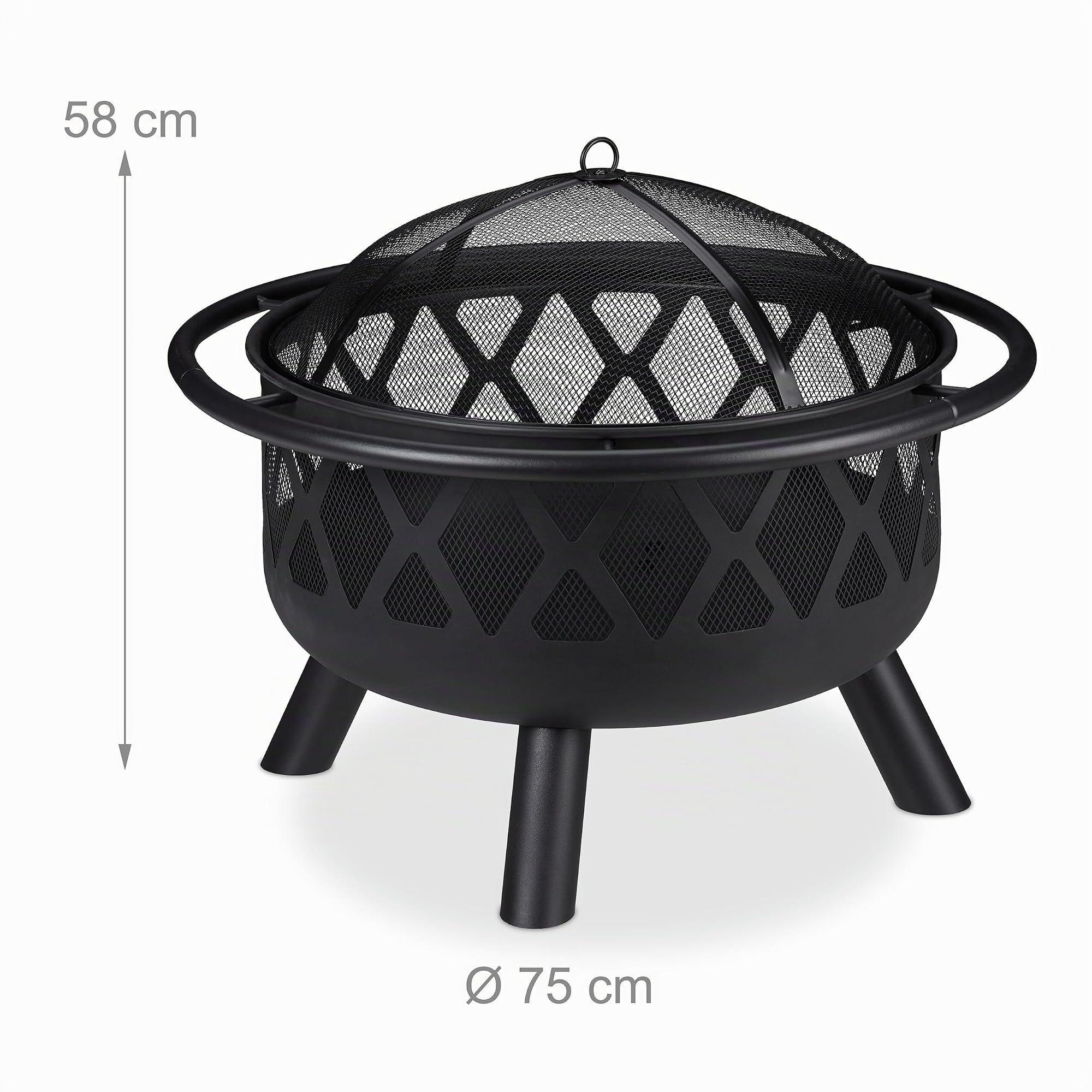 Relaxdays Brasero Exterior con Atizador y Cubierta Antichispas, Estufa de Leña Jardín y Terraza, Acero, 58x75 cm, Negro