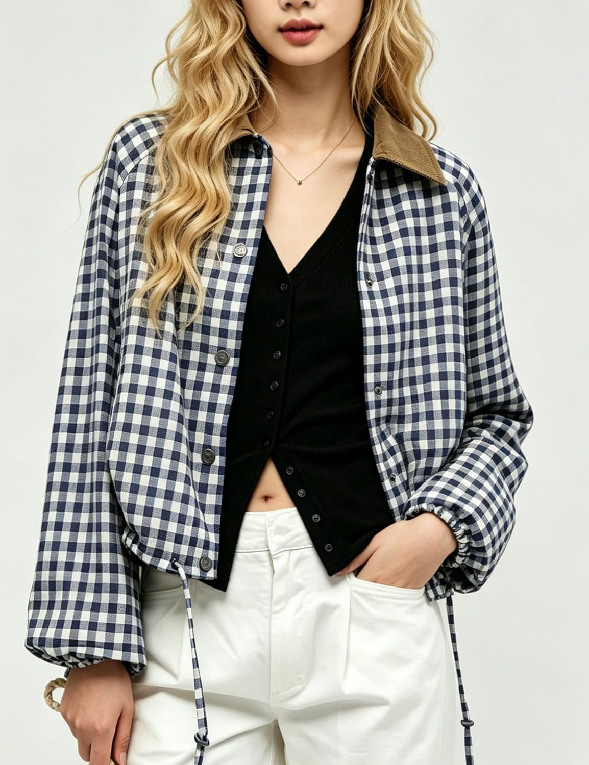 Bozanly Women's Casual Lightweight Plaid Crop Jacket Outerwear with Pocket