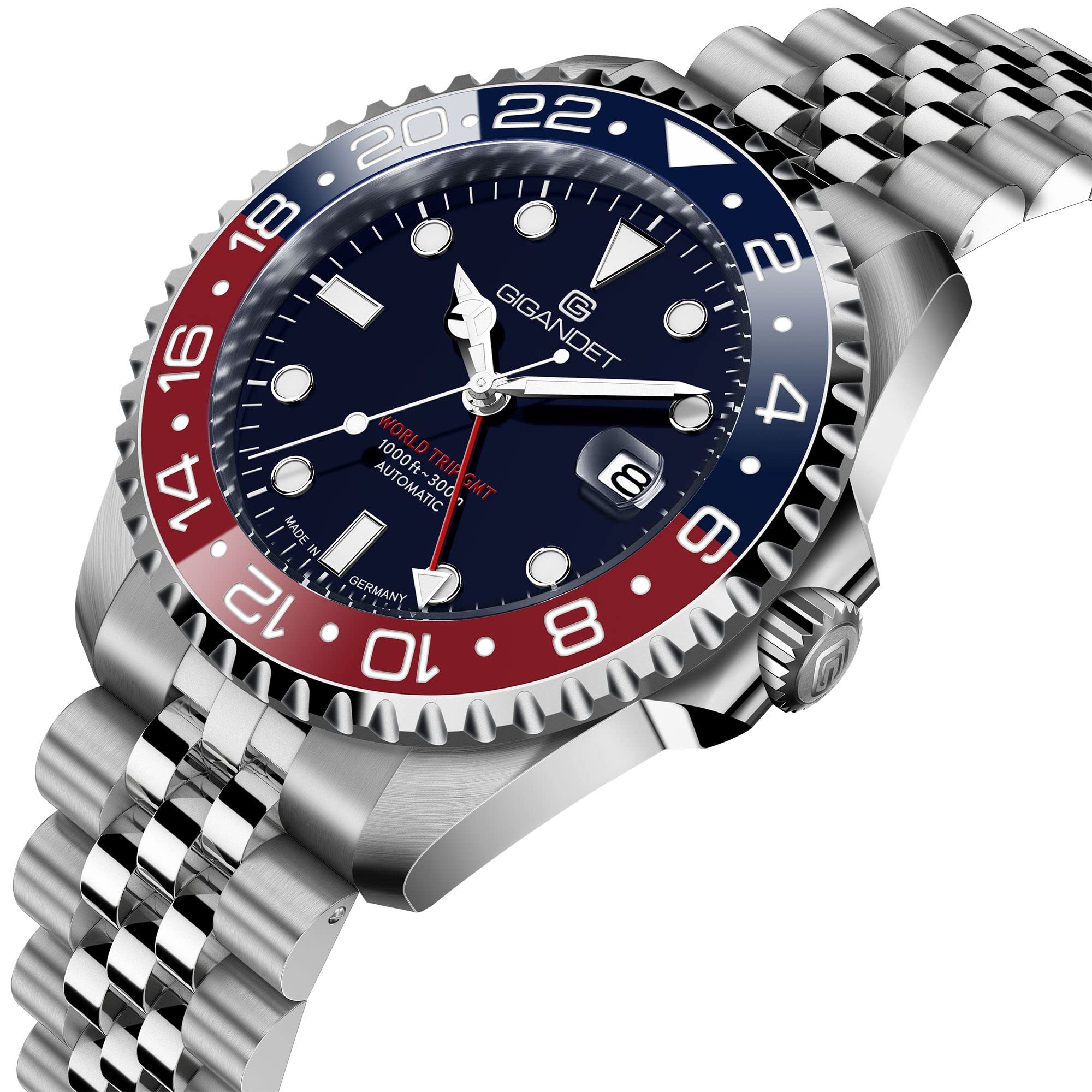 Gigandet Herren-Automatikuhr World Trip GMT - Made in Germany - Swiss Made Automatikuhrwerk SW330-2 - Keramiklünette Saphirglas Super Luminova - Verschraubtes Edelstahlarmband 300m/30bar G1000-009M-C