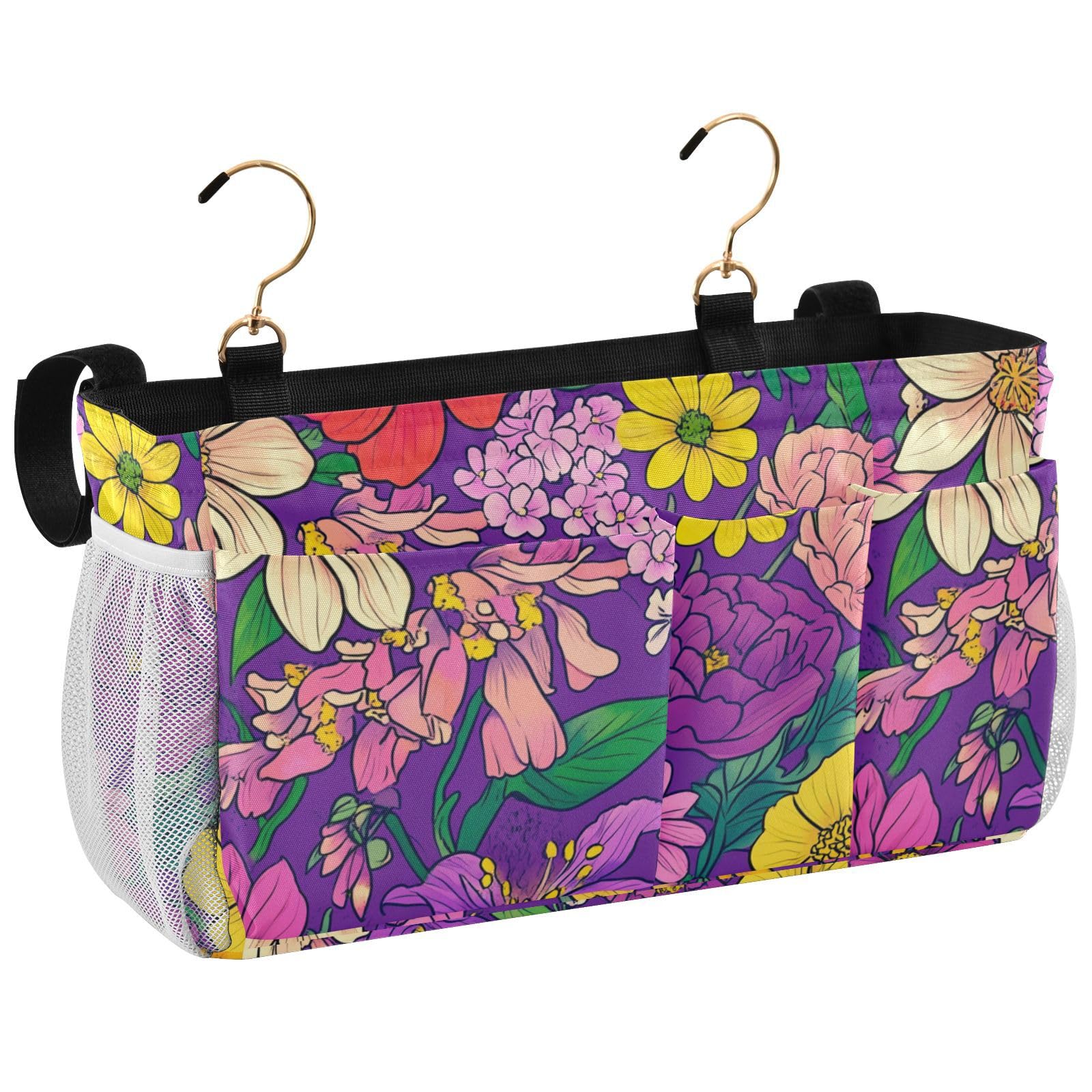 FRODOTGV Florals Orchid Peonies Carnation Purple Bed Pockets Bedside Storage College Dorm Bed Hanging Basket for Glasses,Books,Mobile Phones,Keys