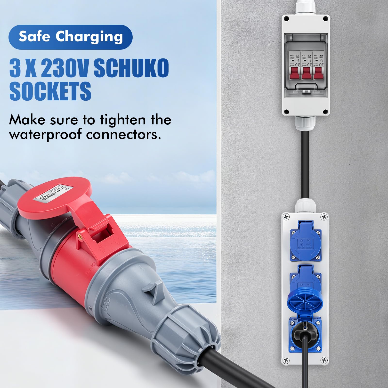 Steckdosenverteiler Wandverteiler Stromverteiler 16A 3 x 230V Schuko 1x CEE 400V Steckdose baustromverteiler mit Leitungsschutzschalter IP44 wasserdicht geeignet für Innen und Außenbereich
