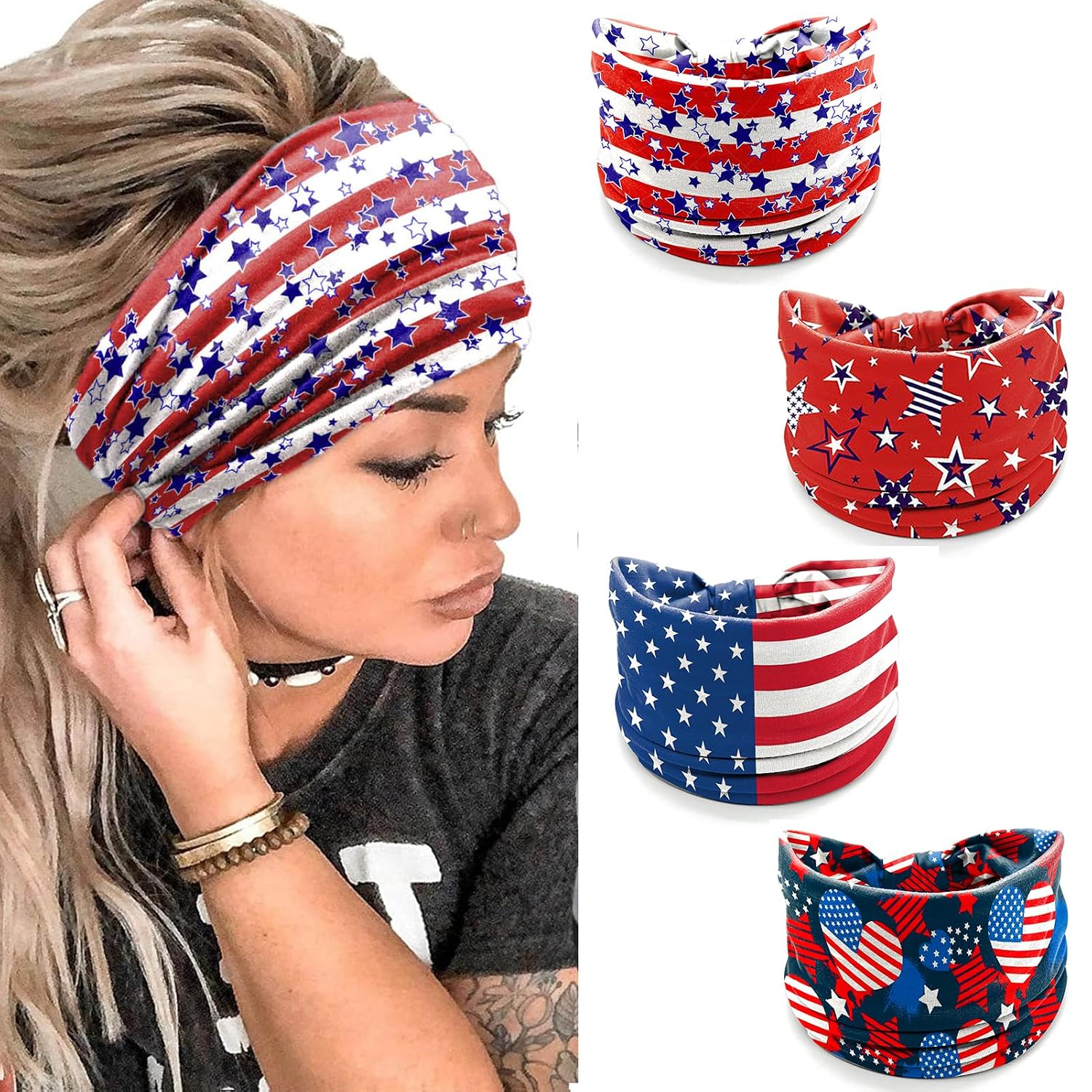 winthrop 4 Pcs Easter Headbands for Women, Blue White Wide Turban Dress Up Costume Breathable Stretchy Non Slip Head Wrap, Rabbit Egg Printed Holiday Spring Summer Hair Band for Yoga Running Party