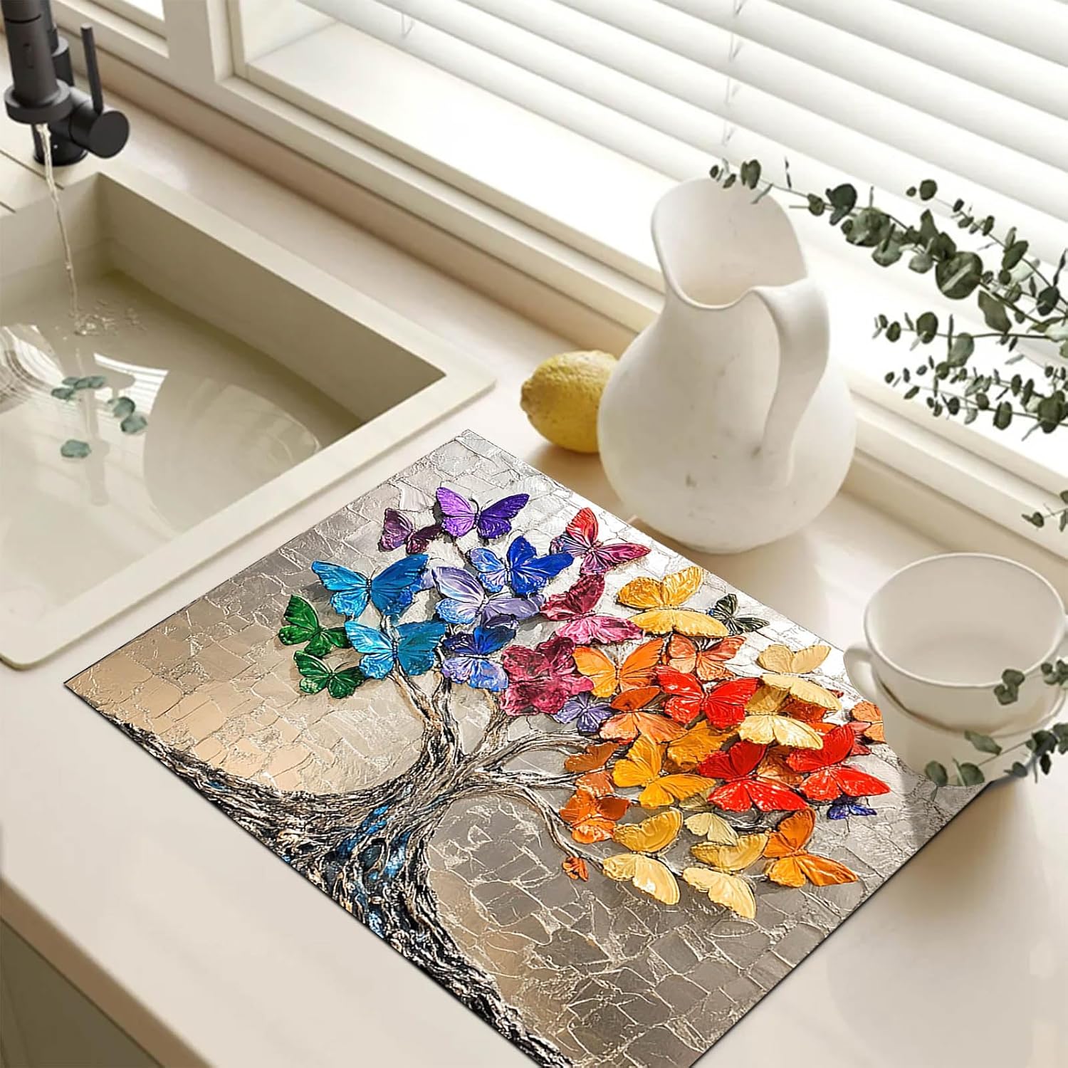 HOMETITUTE Colorful Butterfly Tree Stove Top Cover for Electric 28x20 Inch Diatomite Kitchen Decor Glass Cooktop Protector Heat Resistant Counter Mat with Vibrant Butterfly Artwork