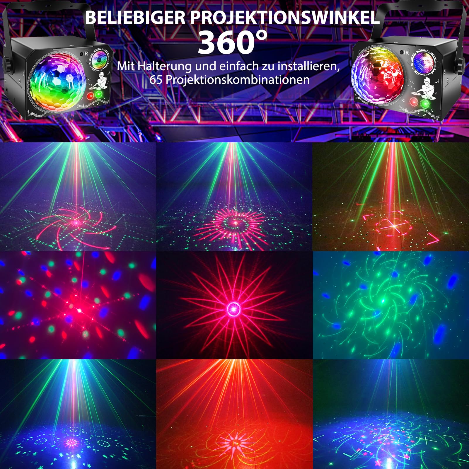4 in 1 Discokugel, Fwiull DJ Discolicht Partylicht 65 Muster, Musikgesteuert Disco Party Licht, RGB UV Stroboskop, Sprachsteuerte Party Lampe mit 2M USB für Party Fest Klub Halloween Weihnachten