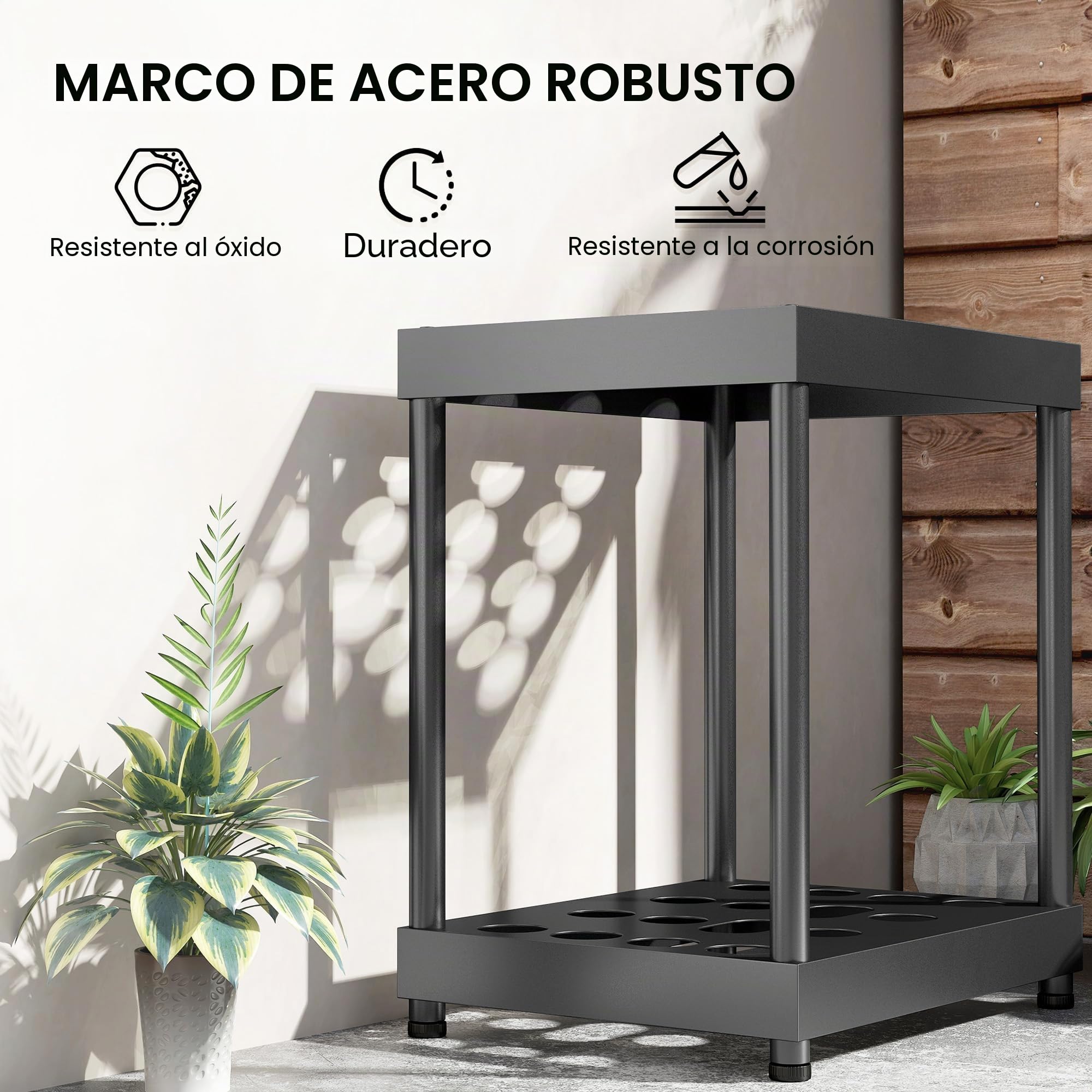 Outsunny Organizador de Herramientas de jardín, Estante para Herramientas de jardín de 2 Niveles con 16 Compartimentos y Almohadillas Ajustables para Tijeras de podar, Palas, rastrillos, para