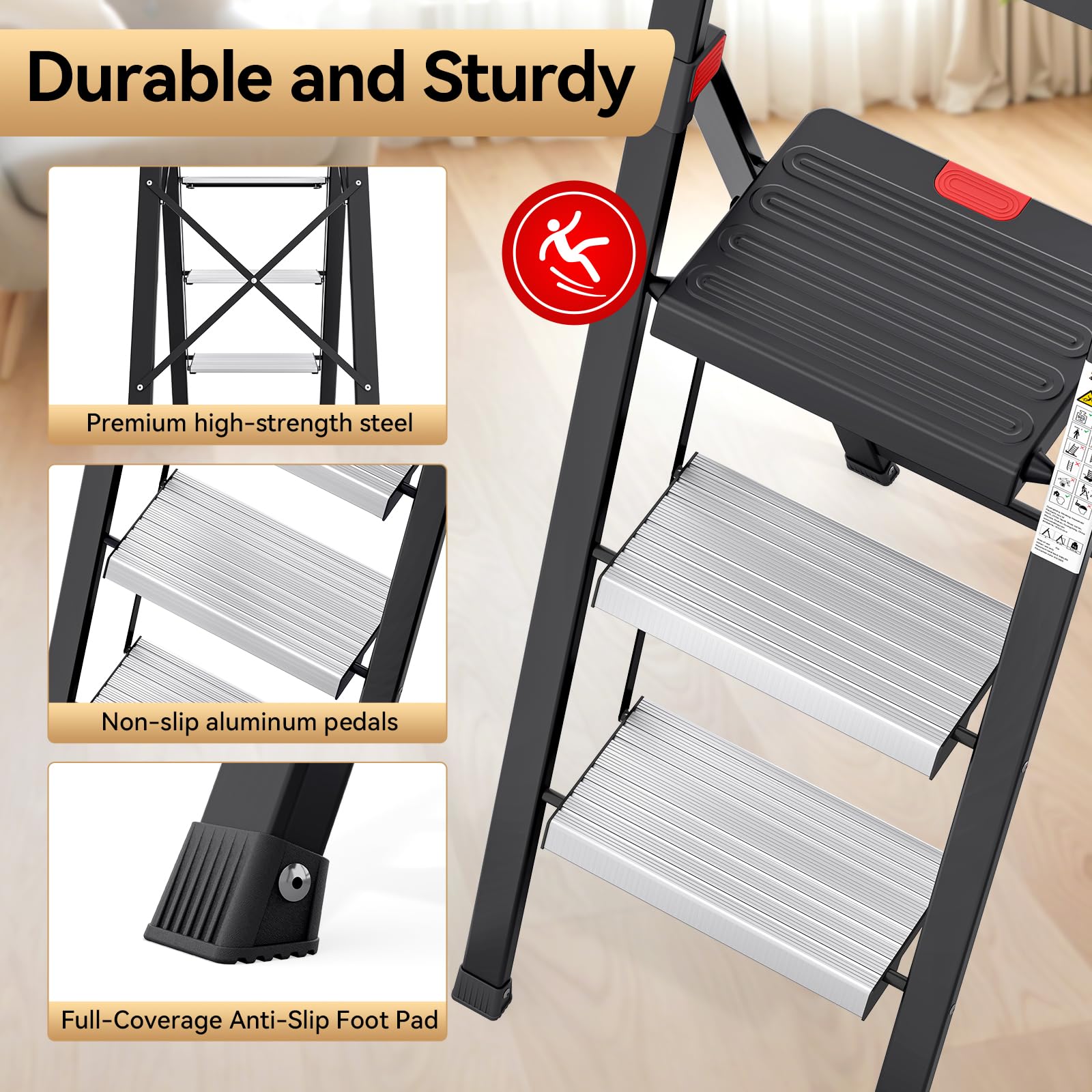 Escabeau à 3 Marches Avec Plateau à Outils – Marchepied Pliable Pour Adultes Avec Larges Marches Antidérapantes Et Poignée, Léger, Petit Et Portable Pour La Maison Et La Cuisine