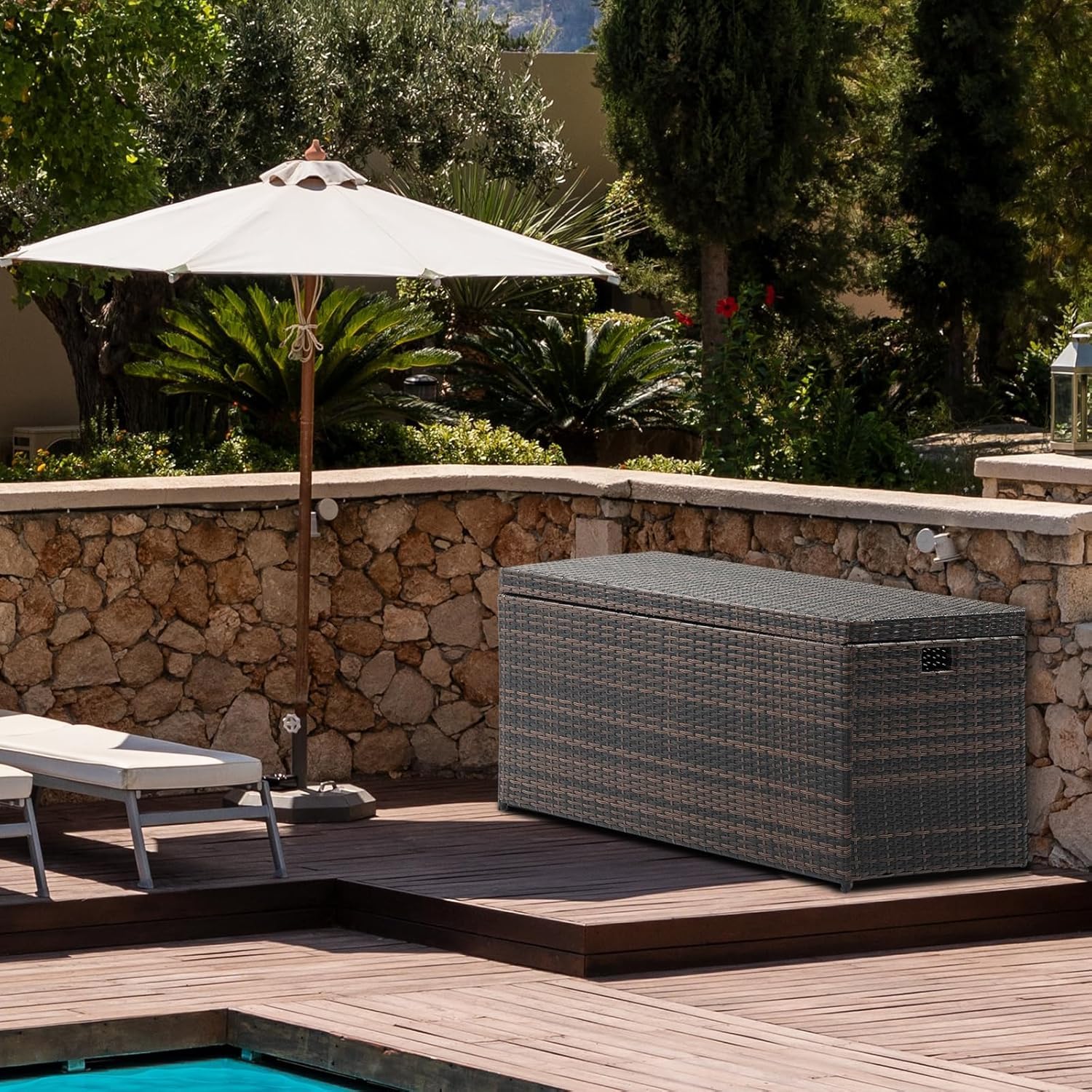 Polyrattan Gartenbox mit Deckel, auflagenbox wasserdicht 500L - Mit flexiblem Scharnier, UV-beständig, rostbeständig, großes Fassungsvermögen, Brauner Farbverlauf