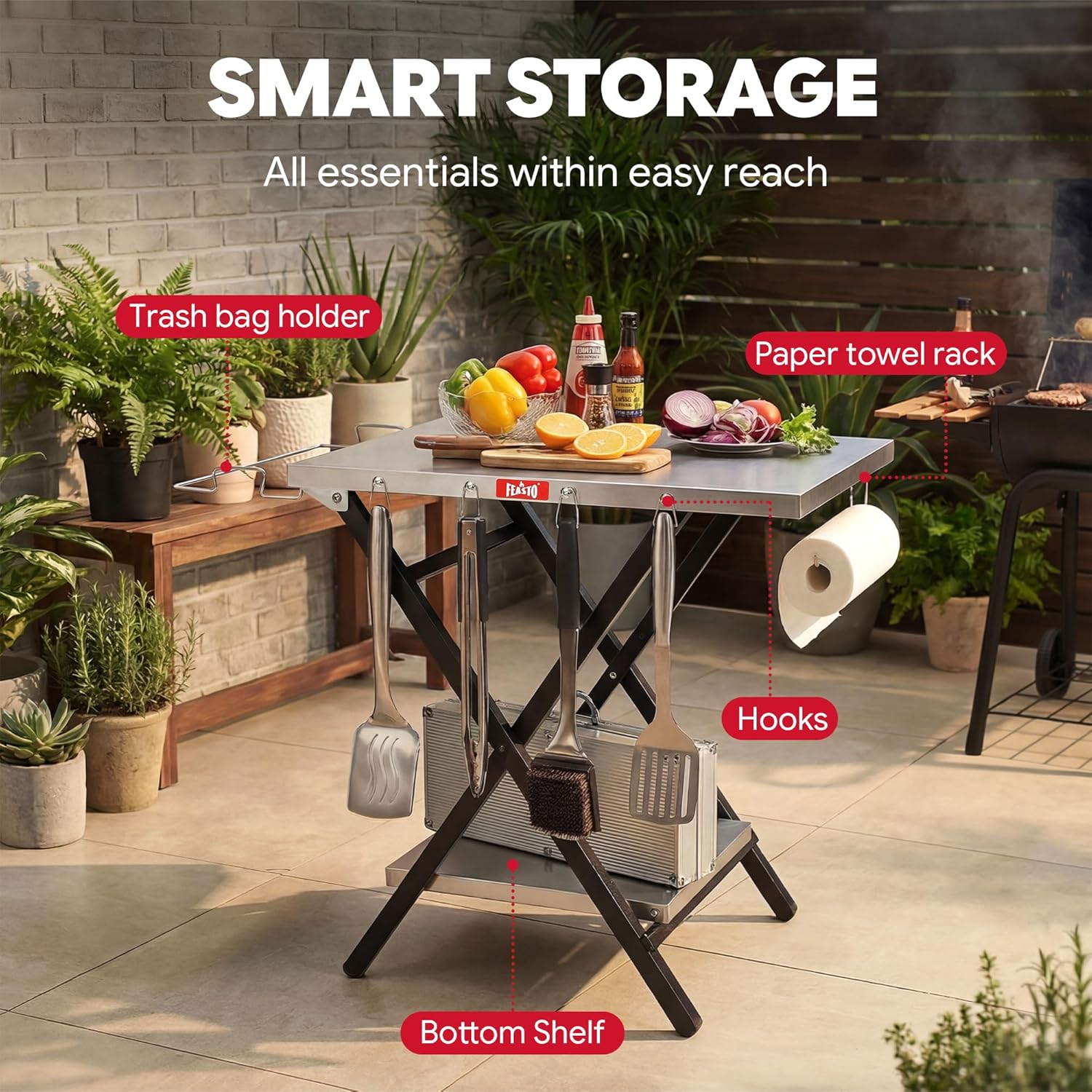 Outdoor Grill Table, Foldable Pizza Oven Stand & Griddle Stand with Garage Rack & Tissue Holder, Folding Outdoor Prep Table for Gathering and Party, 30" x 24", Stainless Steel