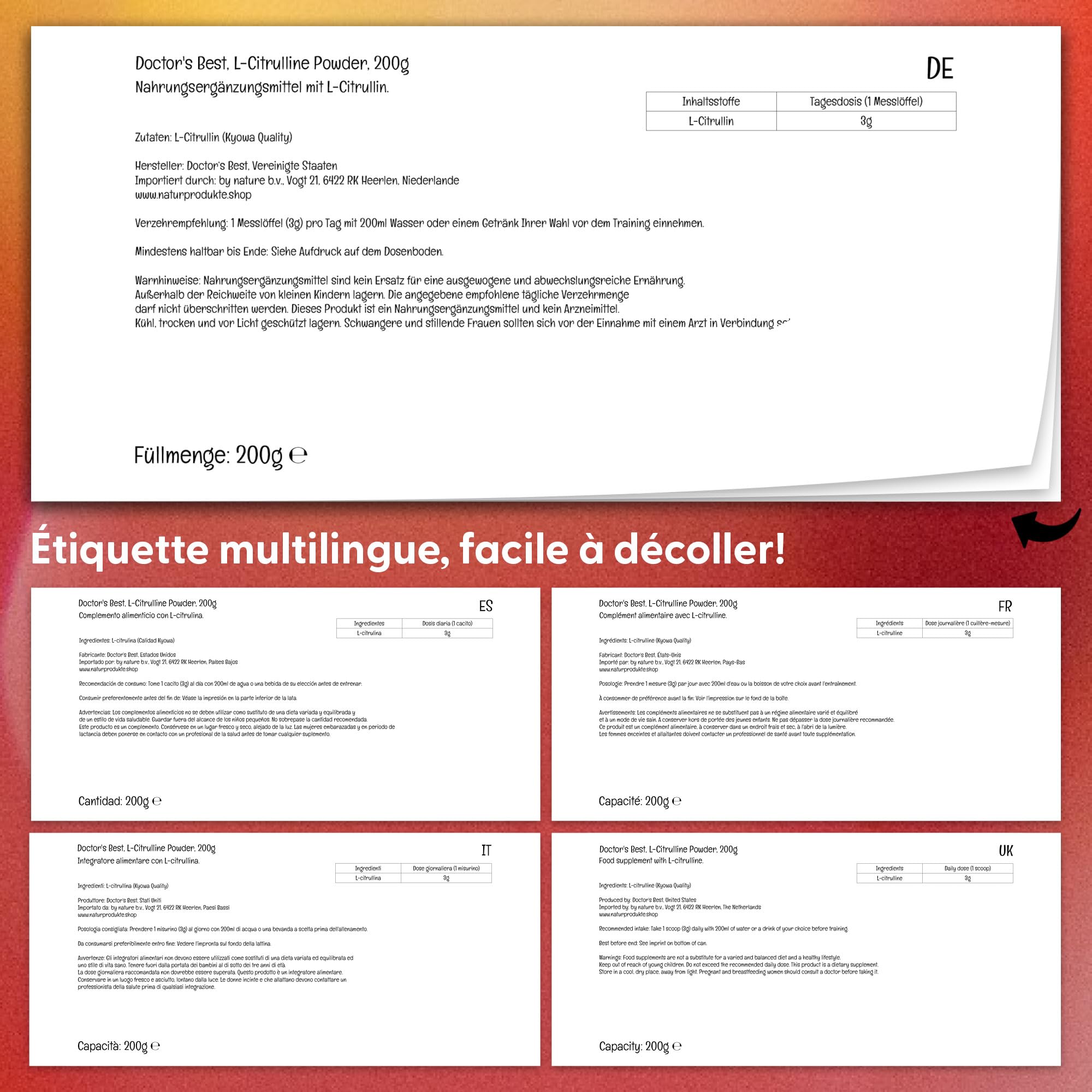Doctor's Best L-Citrulline, 200g poudre Végétalienne, Acide Aminé, Testé en Laboratoire, Sans Gluten, Sans Soja, Végétarien