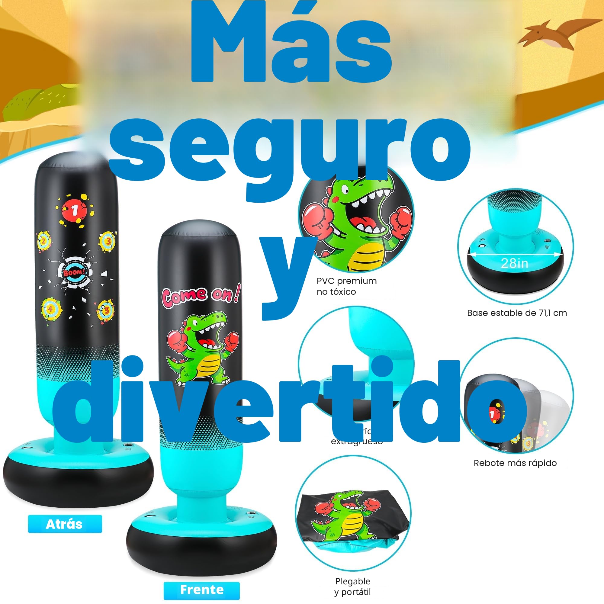 Saco de Boxeo Niños con Guantes de Boxeo y Bomba 165cm Grande Estable Dinosaurio & Golpear un Objetivo 2 en 1 Inflable Saco de Boxeo de Pie Regalo para Niños y Niñas 3-12 Años