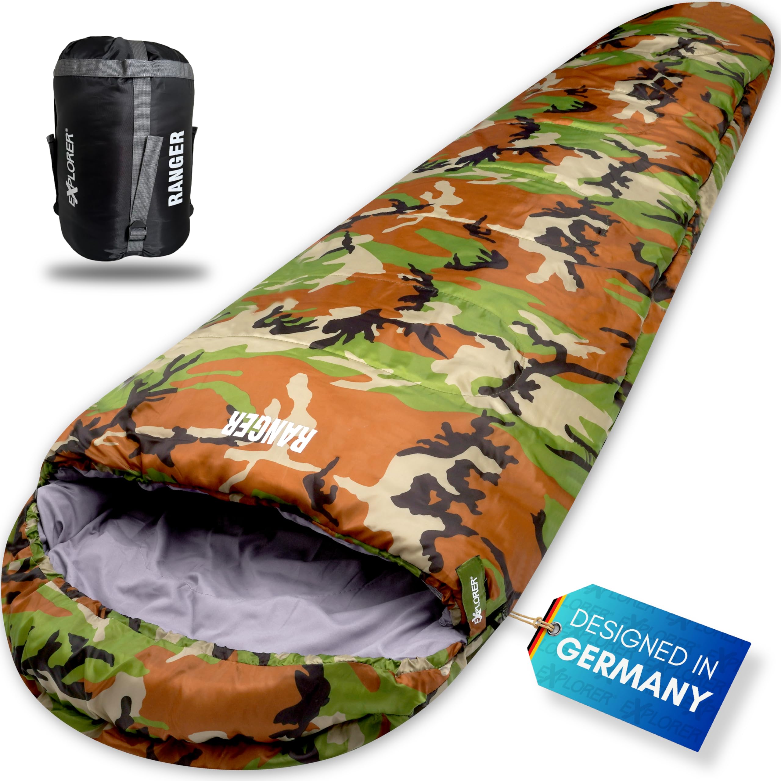 Explorer® Ranger Schlafsack -18°C +3°C [350GSM] 3-4 Jahreszeiten Winter Camouflage Mumienschlafsack Erwachsene[1950g] 230x80x55cm ideal für Outdoor, Camping, Trekking und Reisen Sport & Freizeit