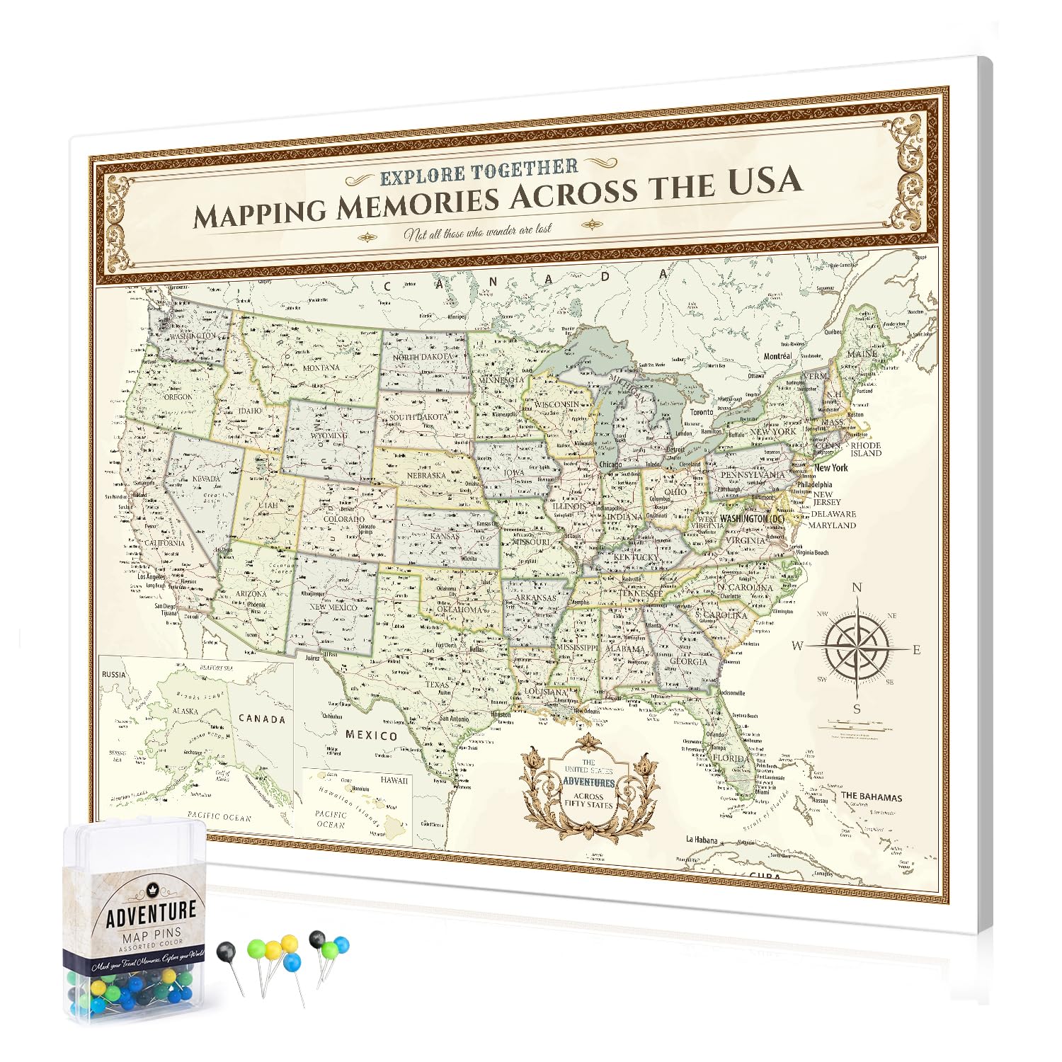 DECORARTS USA Travel Map with Pins, Colorful USA Map Pin Board, 35x28''