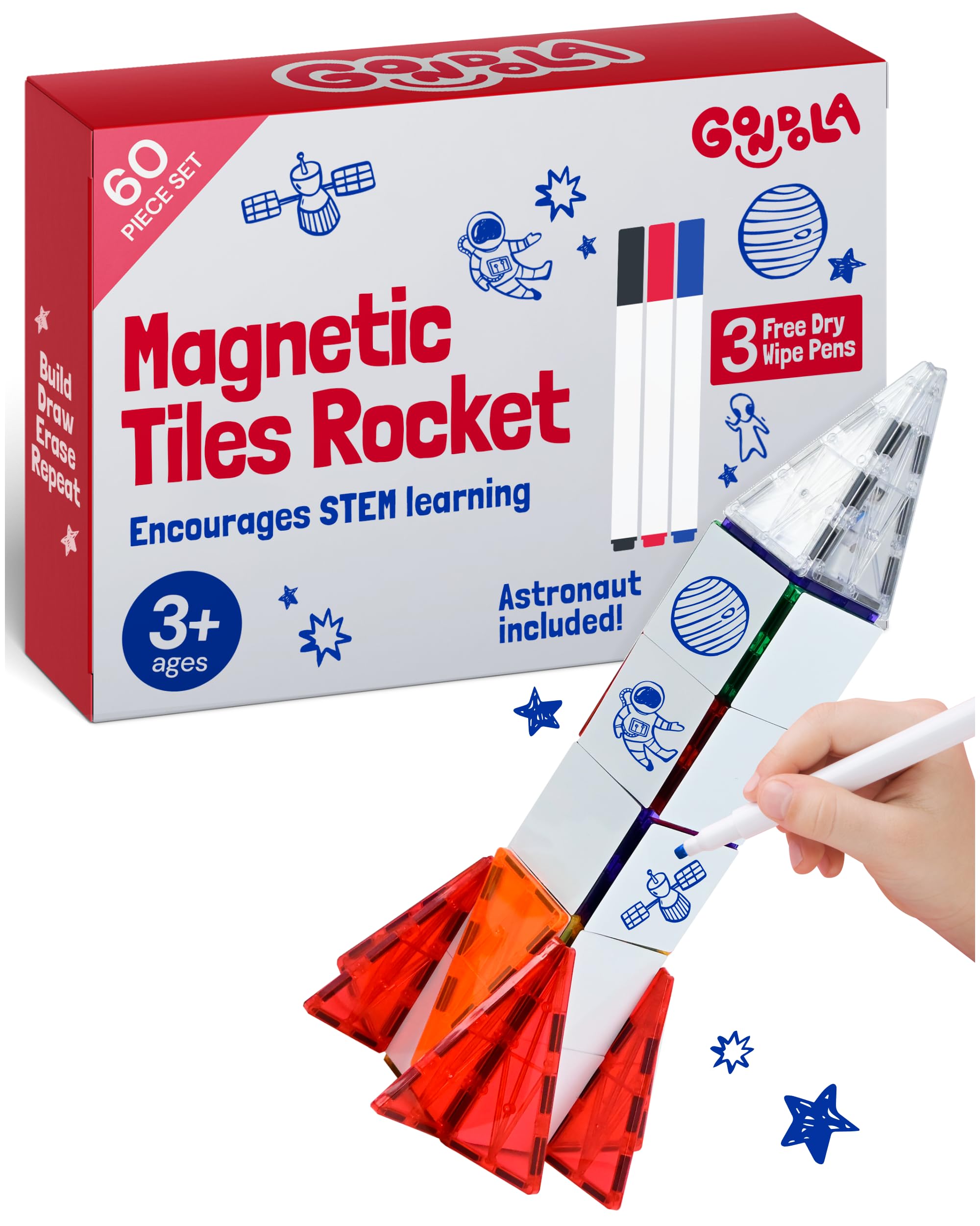 Gondola DIY Magnetic Rocket Ship - Magnet Tiles Kids Ages 3+ - 61-Piece Magnetic Tile Blocks with Astronaut - STEM Magnetic Kids Toys - Building Magnets and Tile Magnets for Kids Creative Play