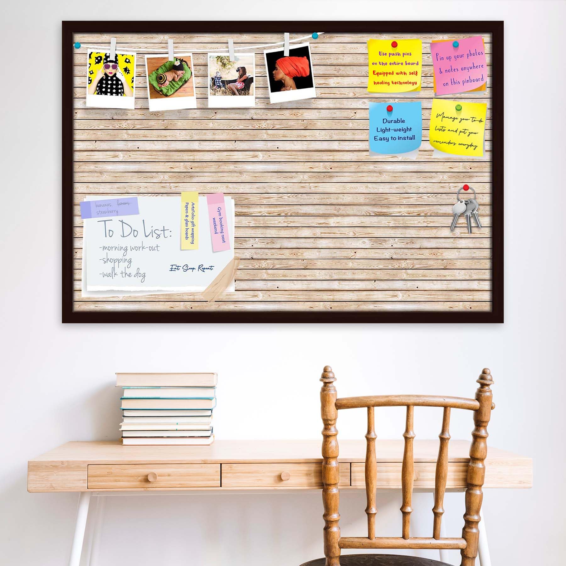 ArtzFolio Natural Texture | Bulletin Board Notice Pin Board | Vision Soft Board Combo with Thumb Push Pins & Sticky Notes | Dark Brown Frame | 30 x 20 inch (76 x 51 cms) 1