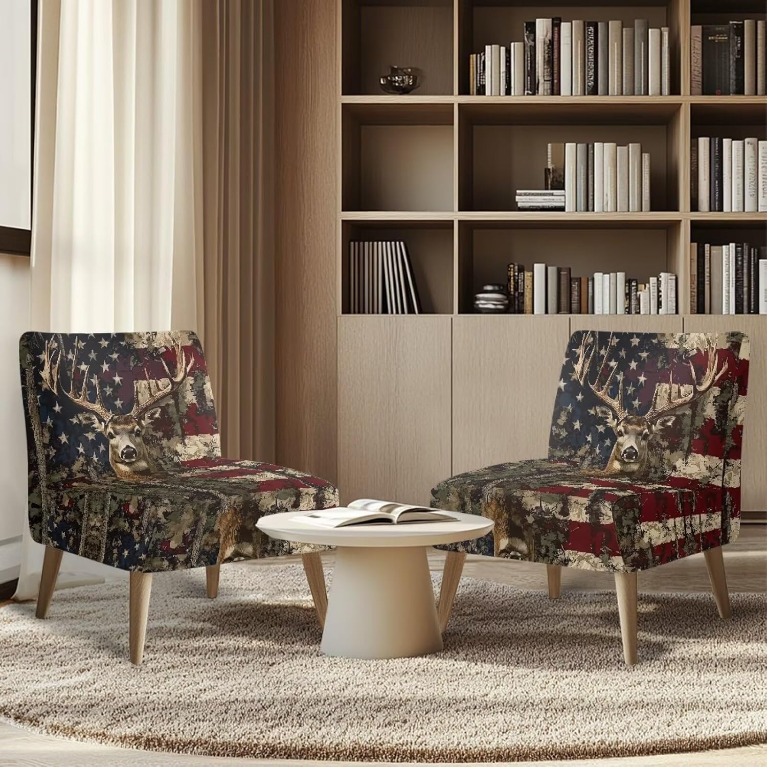 American Flag Elk Armless Accent Chairs Covers, Independent Day Decor, Thick Armless Recliner Sofa Cover Stretchable, Removable Armless Chair Slipcover for Living Dining Room Hotel