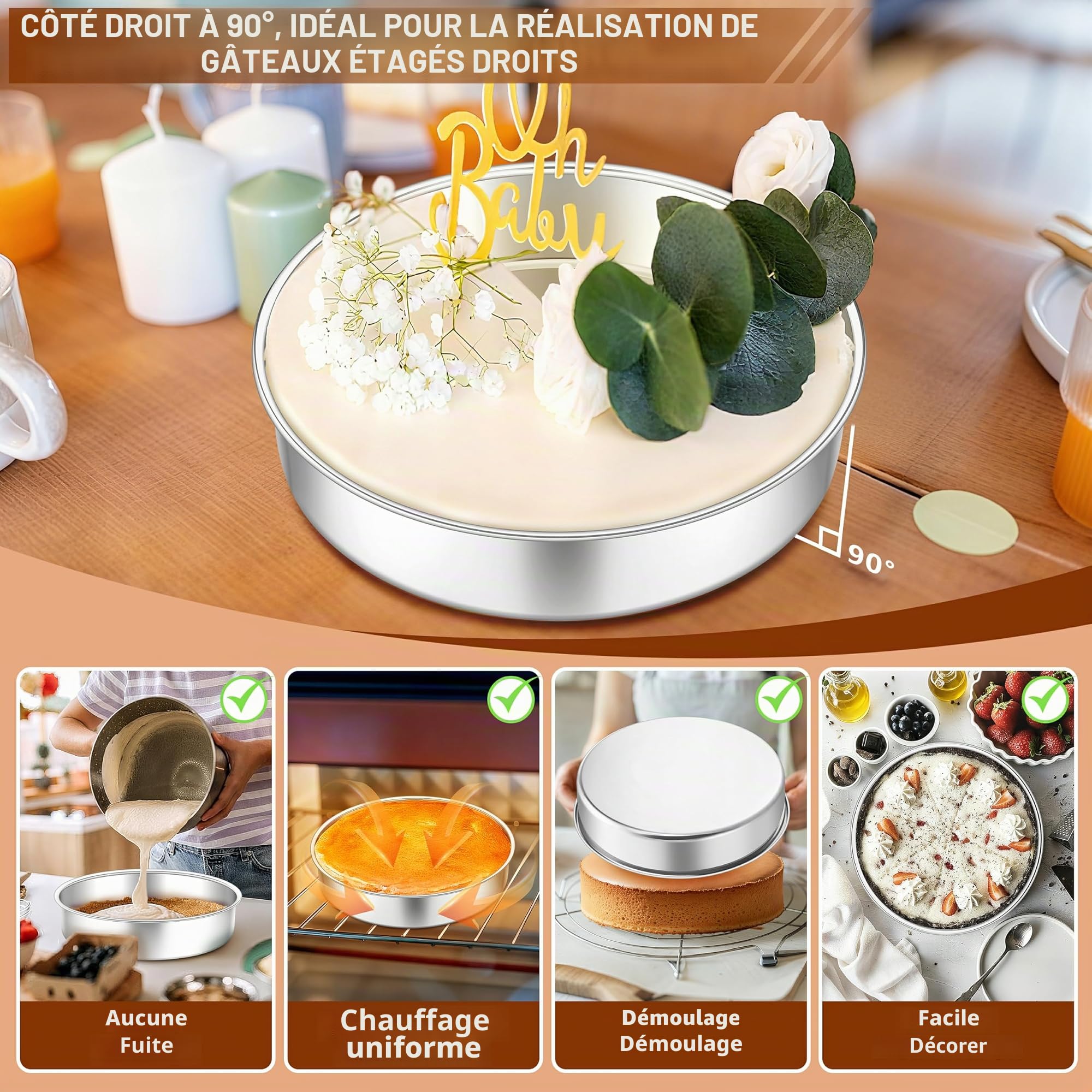 Homikit Moule à gâteau en acier inoxydable, 24 cm, 7 cm de profondeur, de qualité supérieure, non toxique et inoxydable, poli miroir et passe au lave-vaisselle