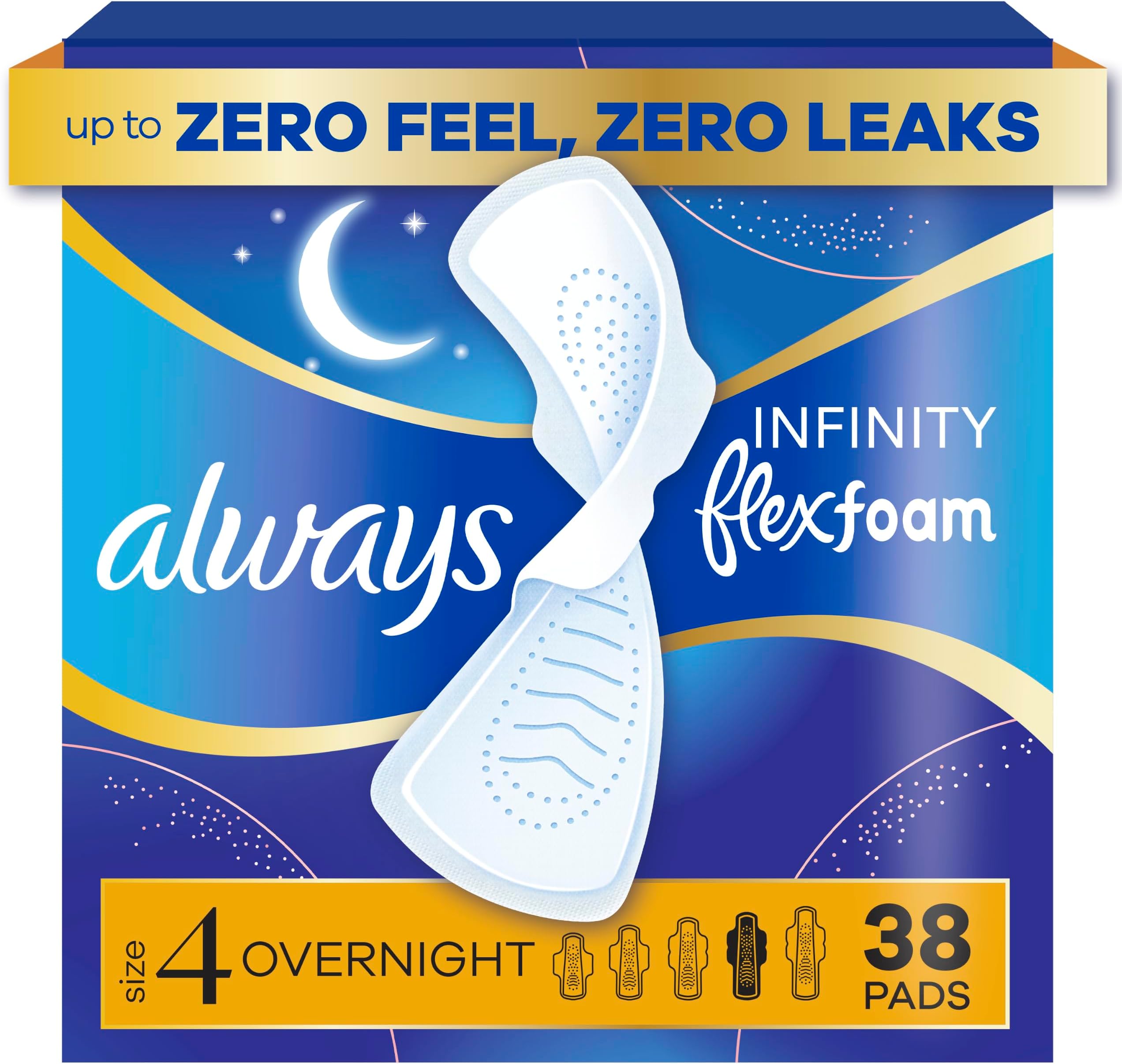 Infinity FlexFoam Pads for Women Size 4 Overnight Absorbency, Up to 12 Hours Zero Leaks, Zero Feel Protection, with Wings Unscented, 38 Count
