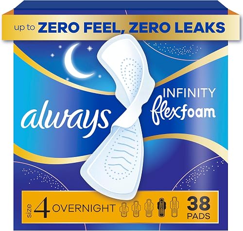 Always Infinity Feminine Pads for Women, Size 4 Overnight, with wings, unscented, 38 Count