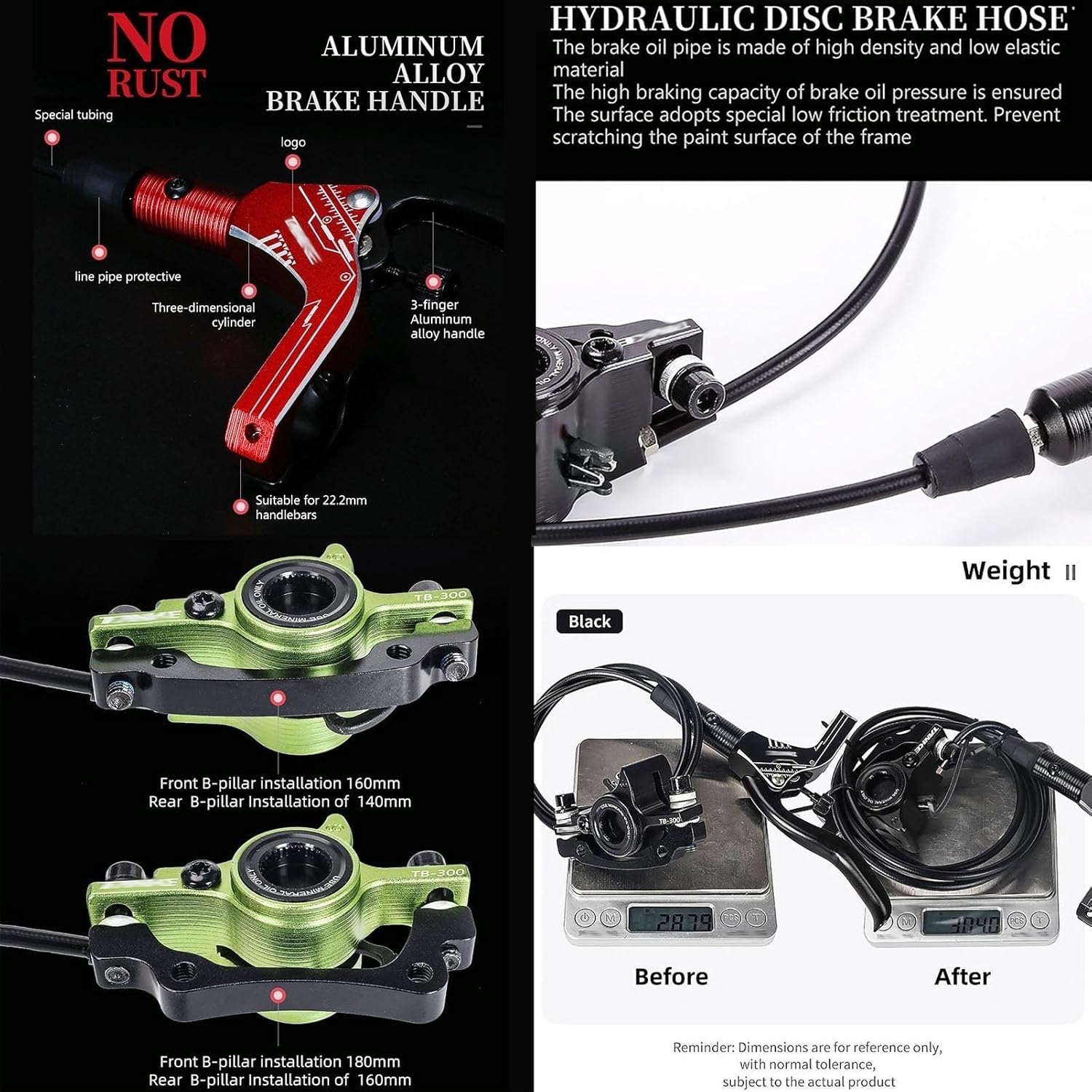 Mountain Bike Hydraulic Disc Brake Set with 160mm Rotors 800/1400mm Aluminum Alloy Front and Rear Brake Levers with Calipers