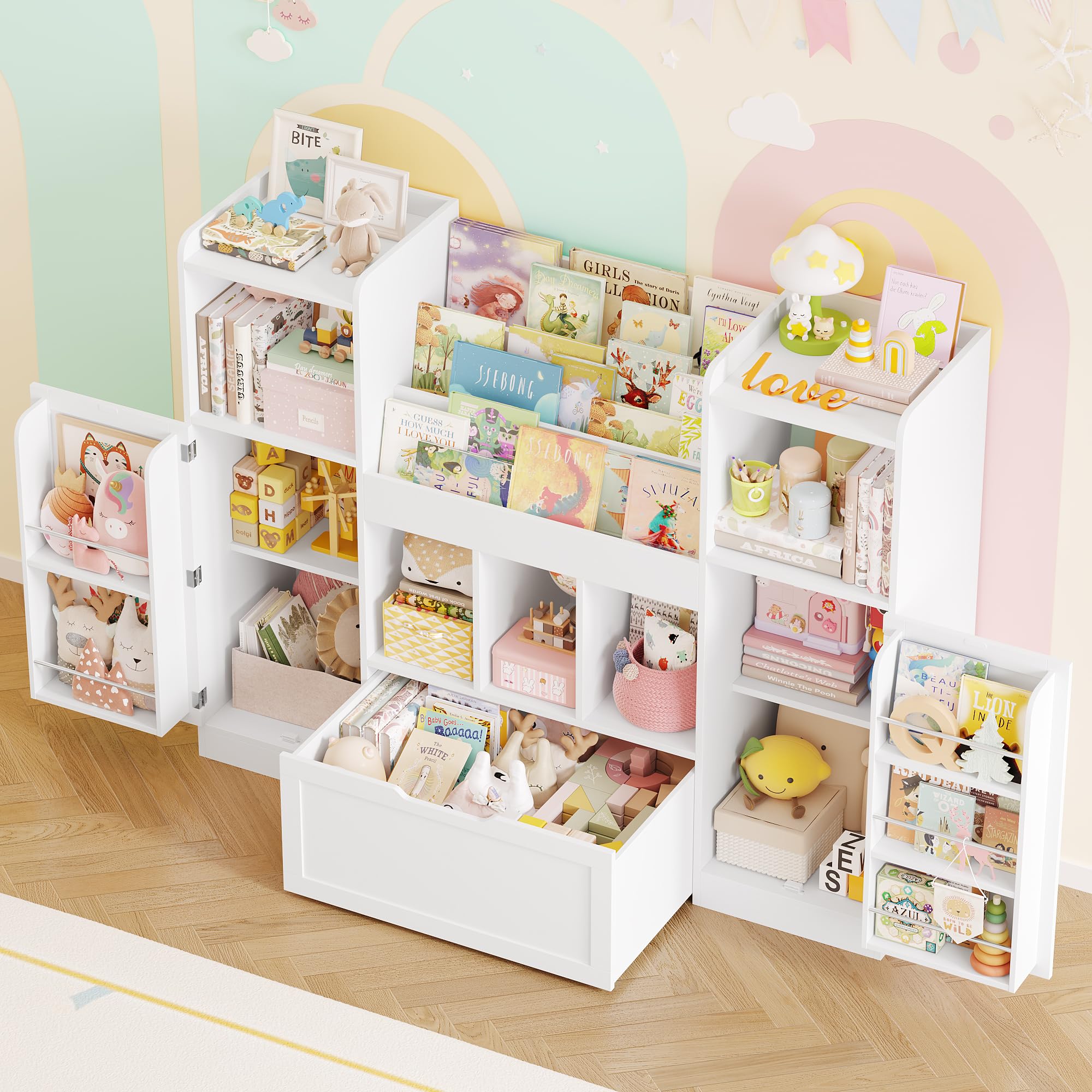 FOREHILL Libreria Montessoriana per Bambini, Organizer Giocattoli con Ripiani della Porta, Mobile Porta Giochi con Portariviste, 1 Cassetto con Ruote, 7 Scomparti Aperti, 140.3x30x108.3 cm (Bianco)