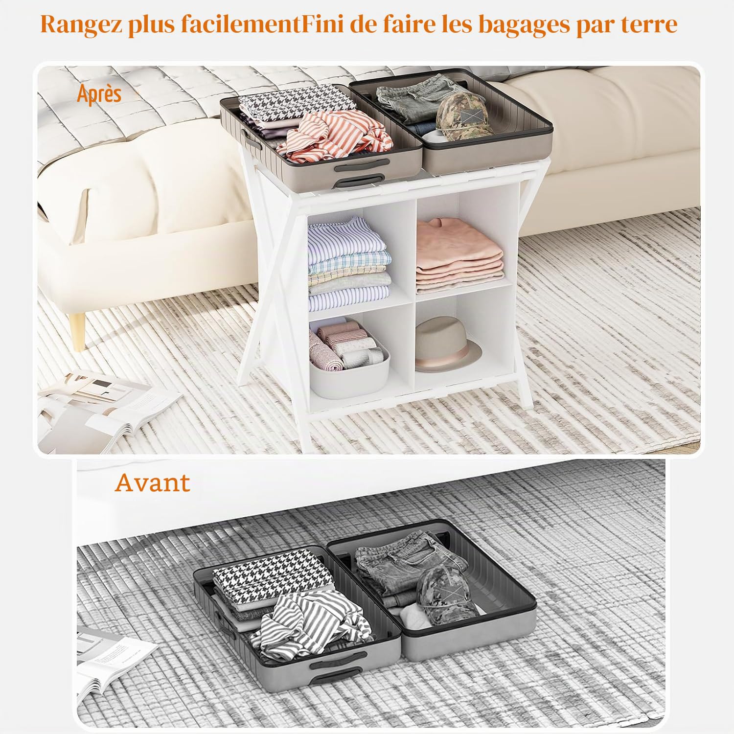 Lot de 2 porte-bagages pliables avec compartiments de rangement, pour chambre d'amis, chambre à coucher, hôtel, bagages de voyage (blanc)