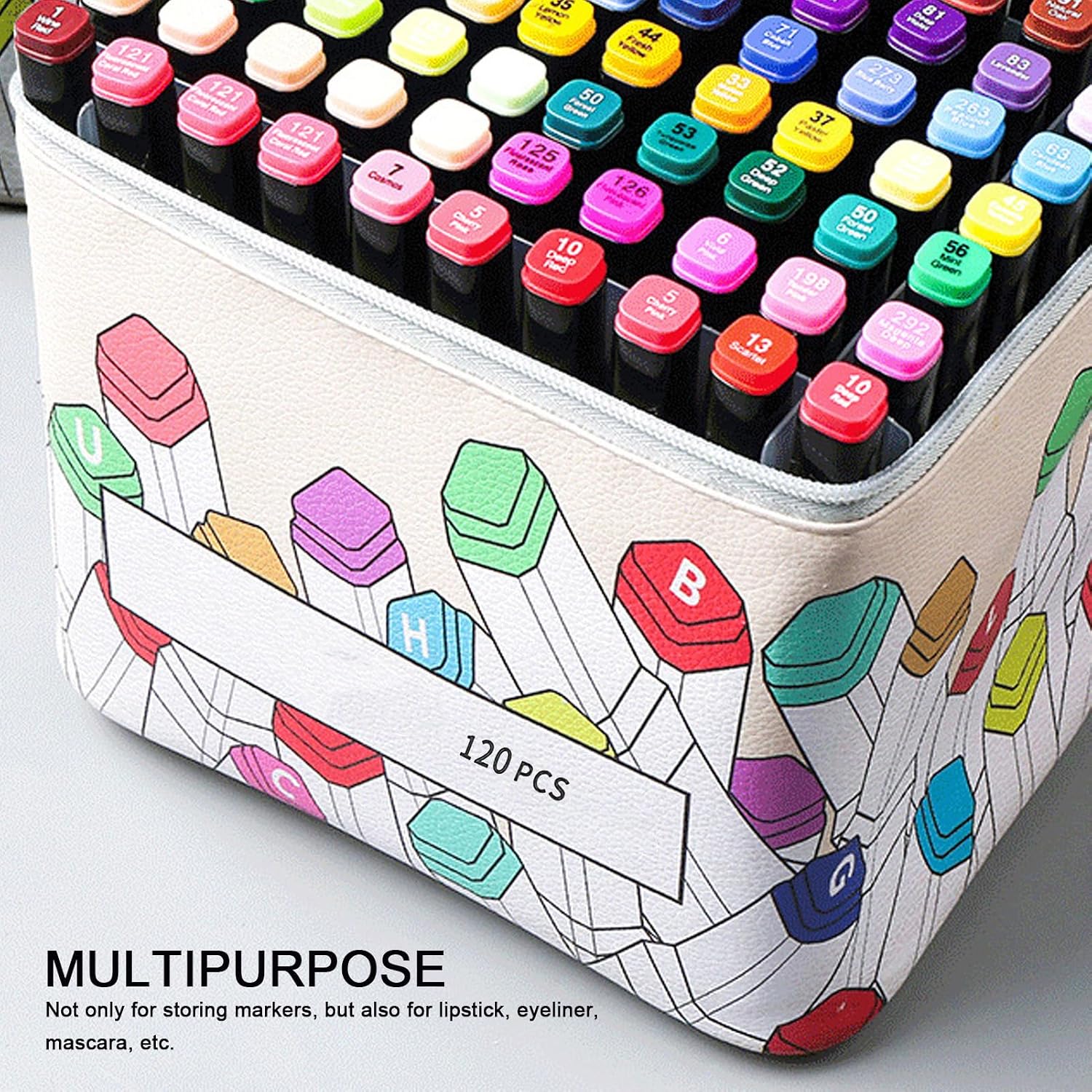Fockety 120 Slot Marker Case, PU Leather Holder with Large Opening, Zipper, Carry Handle, Multi-Purpose Art Pens Pencils Lipstick Mascara Storage