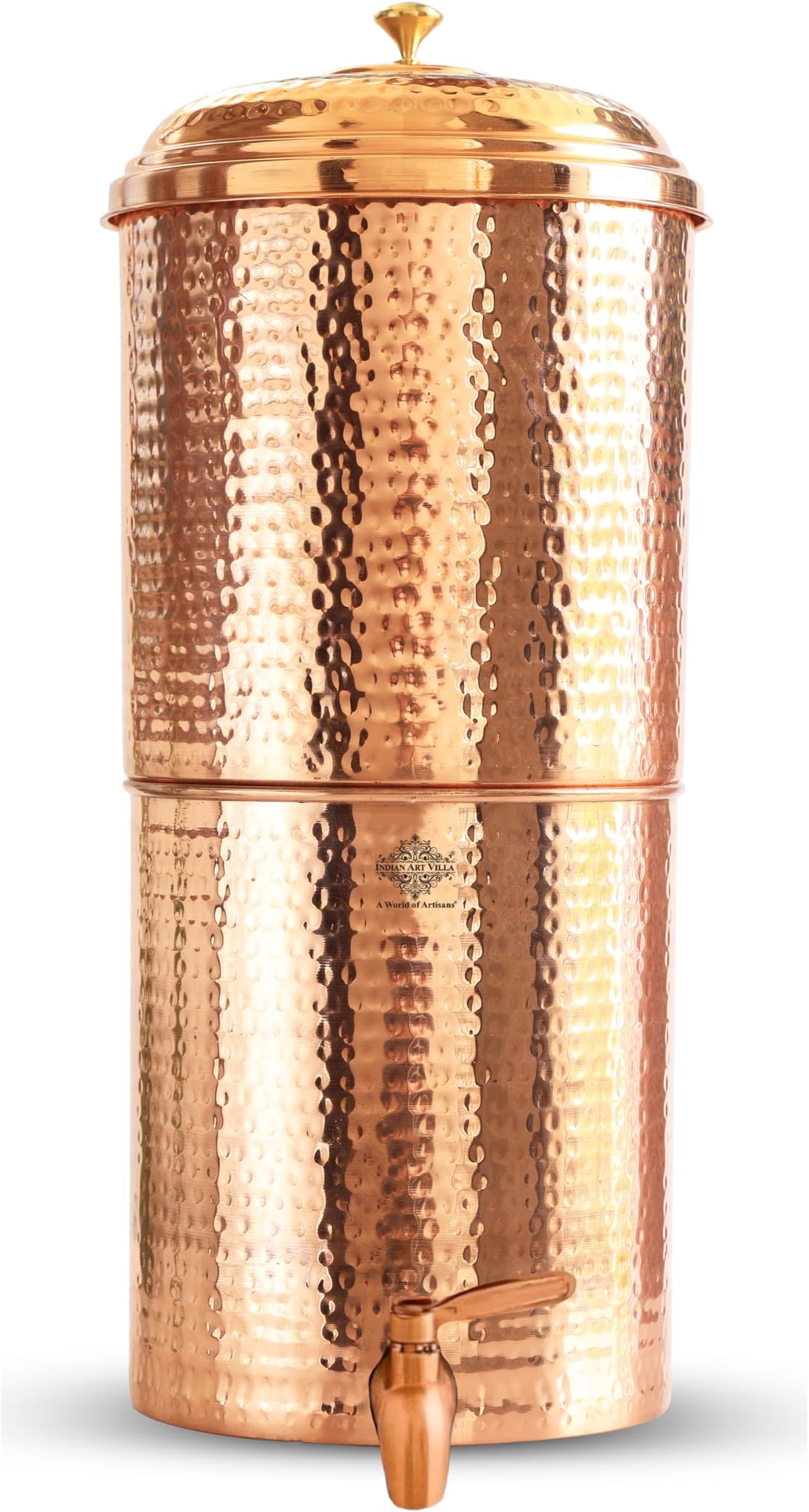 Indian Art Villa Copper Hammered Design Filter Water Dispenser Pot with Double Filter Candle Inside, 10+10 Capacity, Only 10 Liters Usable for Drinking Water
