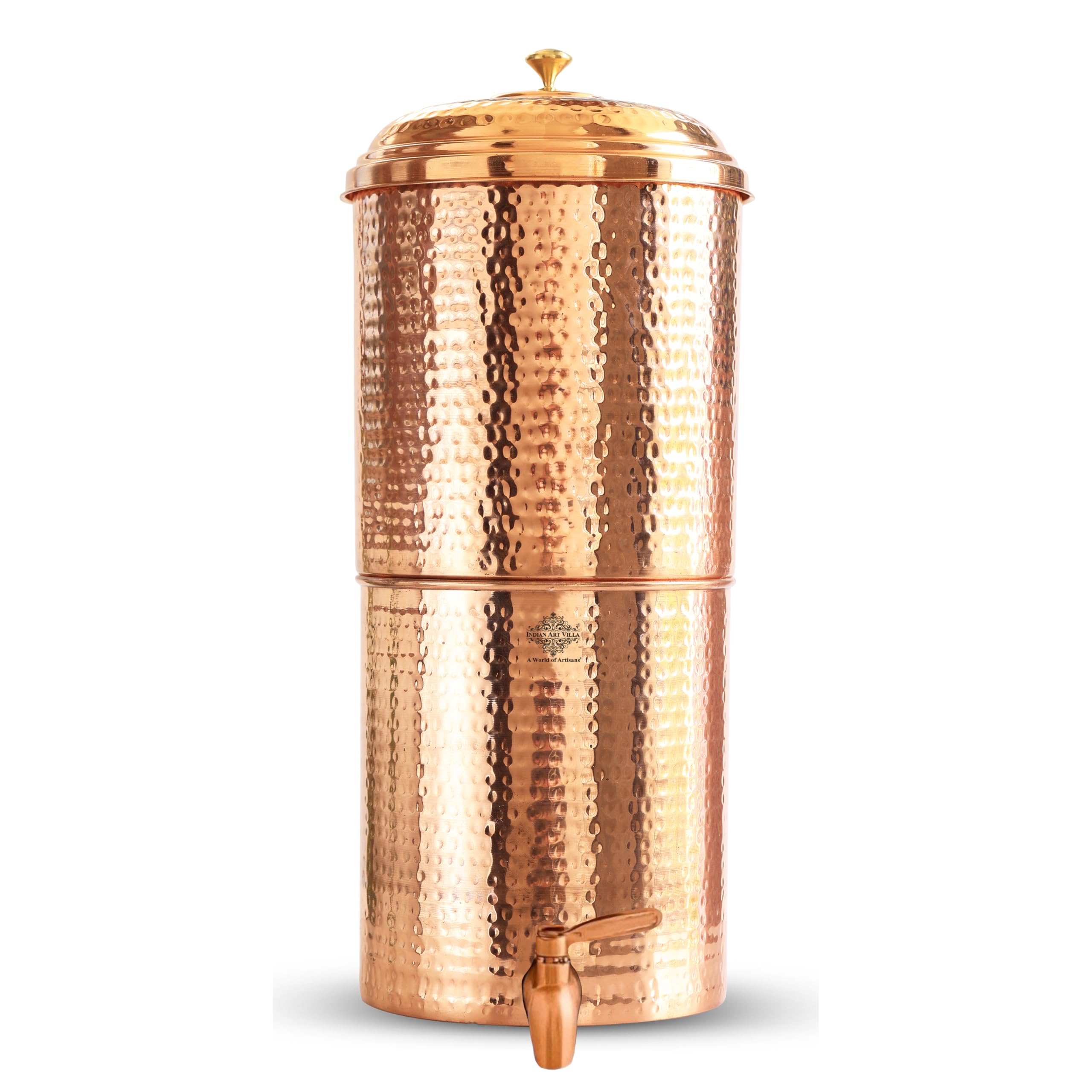Copper Hammered Design Filter Water Dispenser Pot with Double Filter Candle Inside, 10+10 Capacity, Only 10 Liters Usable for Drinking Water