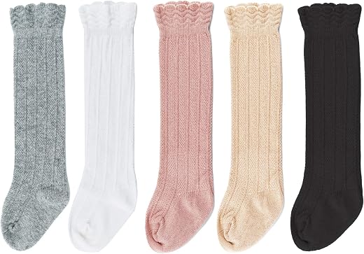 Bestjybt Baby Girls Boys Knee High Socks Cotton Newborn Infants Toddlers Cable Knit Tube Ruffled Stockings, 5 Pairs