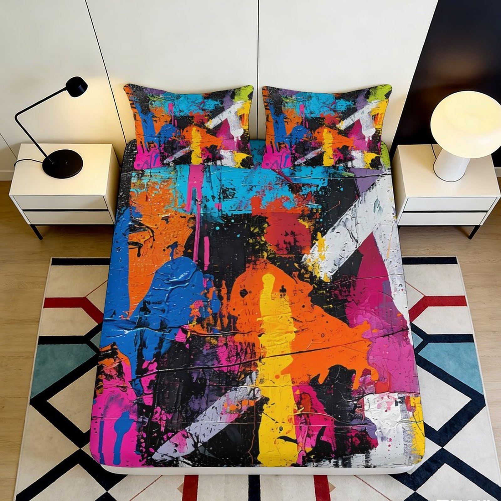 3D Printed Abstract Color Splash Fitted Sheet Microfiber Soft Breathable Urban Graffiti Bed Cover for Bedroom Dorm Mattress Protection Decor 120x200x25cm