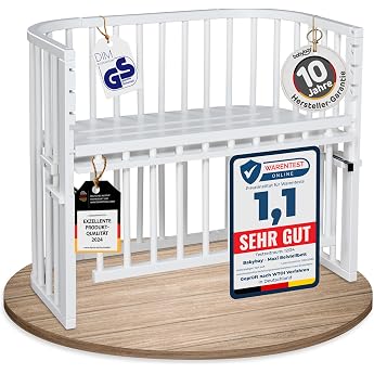 babybay Maxi Comfort Plus Side Bed & Bassinet Made of Solid Beech Wood / Extra Bed with Locking Grille / Infinitely Adjustable & Environmentally Friendly / Grows with Your Child White Painted