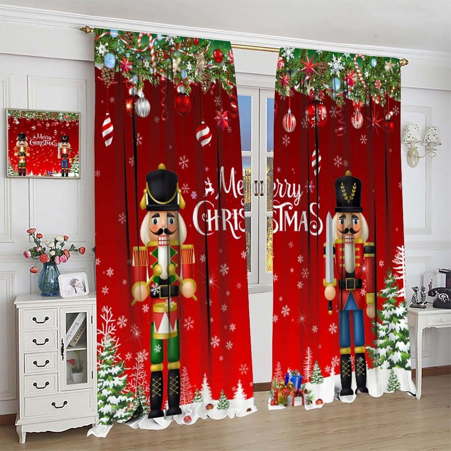 Kids Christmas Nutcracker Curtain Soldier Model Merry Xmas Window Treatments for Bedroom Living Room Snowflakes Winter Red Drapes for New Year Xmas Eve Family Holiday Party 42x63in(Decor)