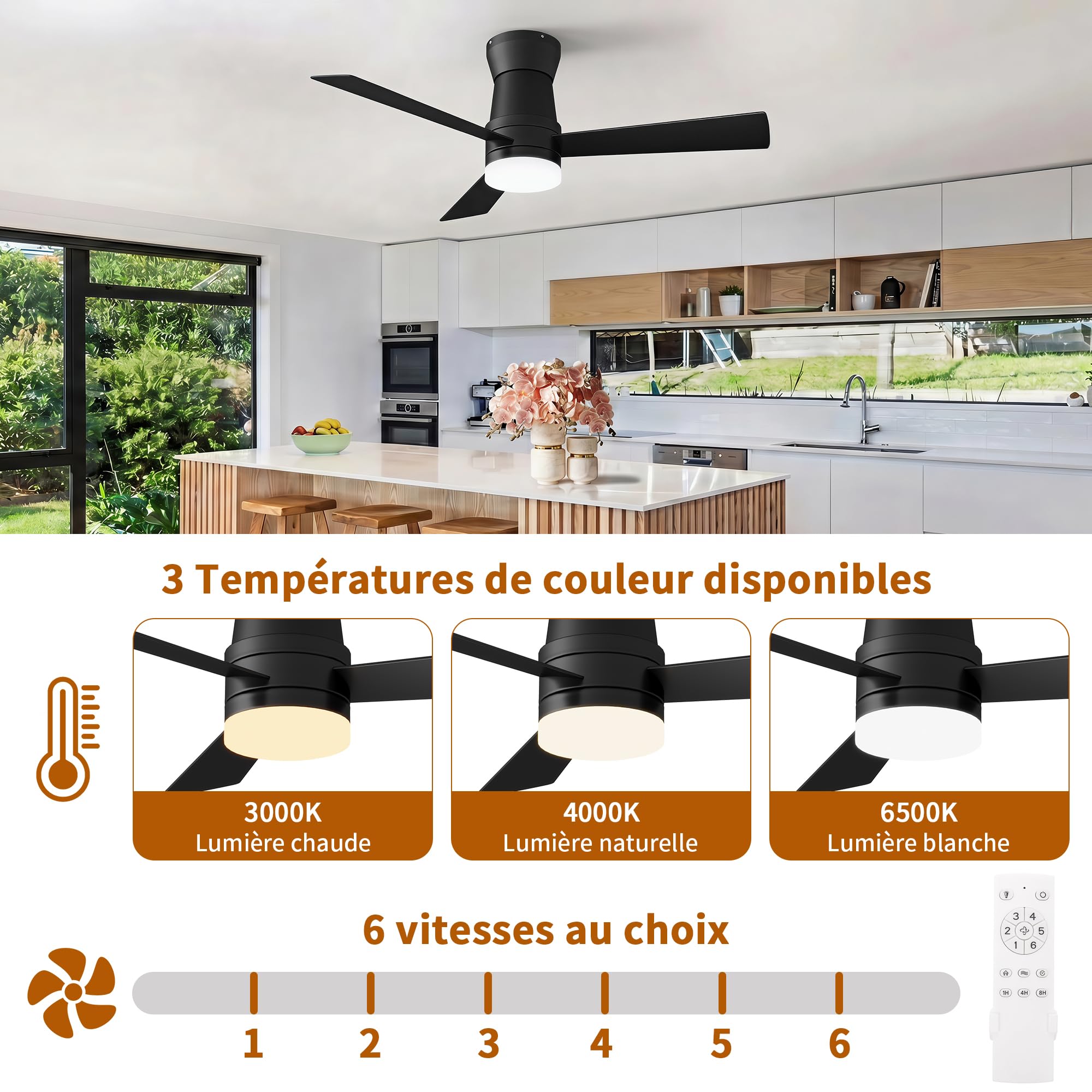Ventilatore da soffitto con luce LED, motore DC silenzioso, 6 velocità, funzione estate inverno, illuminazione LED 3000K-6500K, nero: 52 pollici - 3 pale