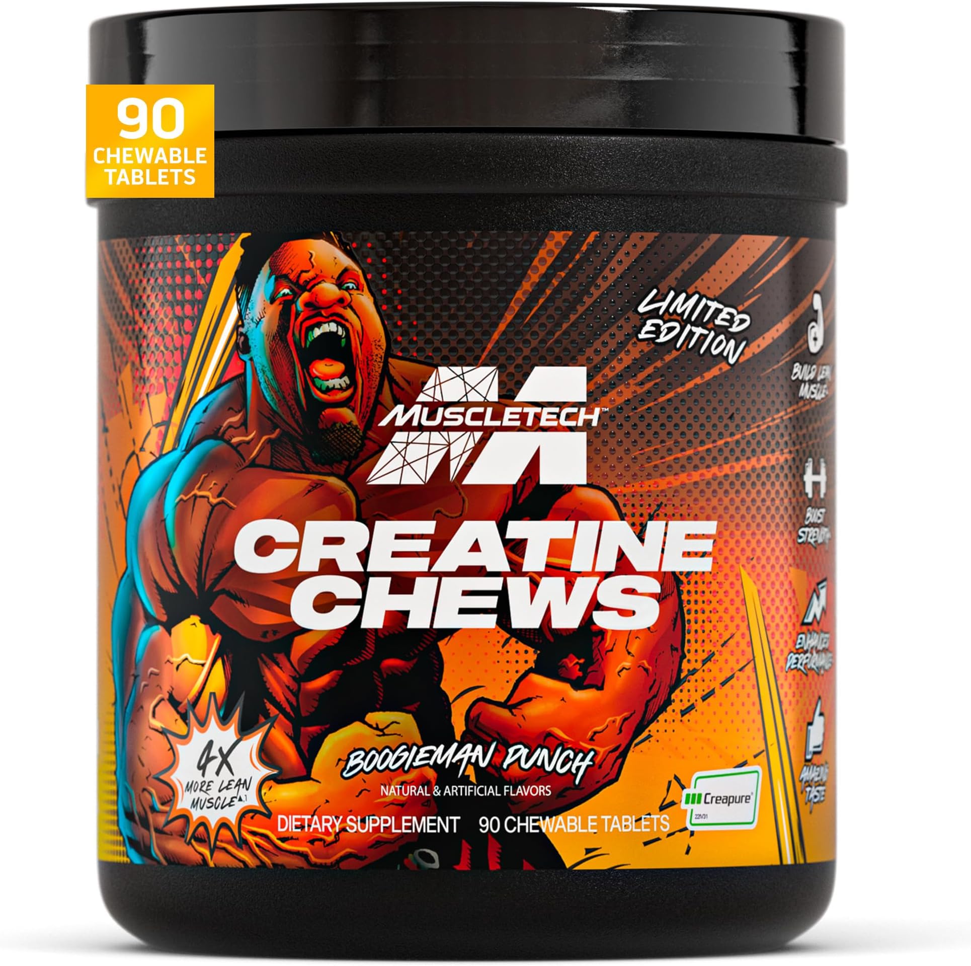 MuscleTech Creatine Chews - Creapure Monohydrate Supplement for Muscle Recovery, Muscle Builder & Energy Boost - Pre Workout Supplement for Men & Women - 90 Chewable Candies, Boogieman Punch