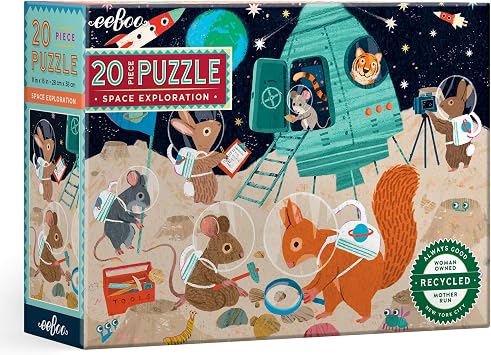 eeBoo Space Exploration - 20 Piece Puzzle - 15 x 11 Kids Jigsaw, Oversized Glossy Pieces, Animals On The Moon, Preschool Puzzle, Age 3+