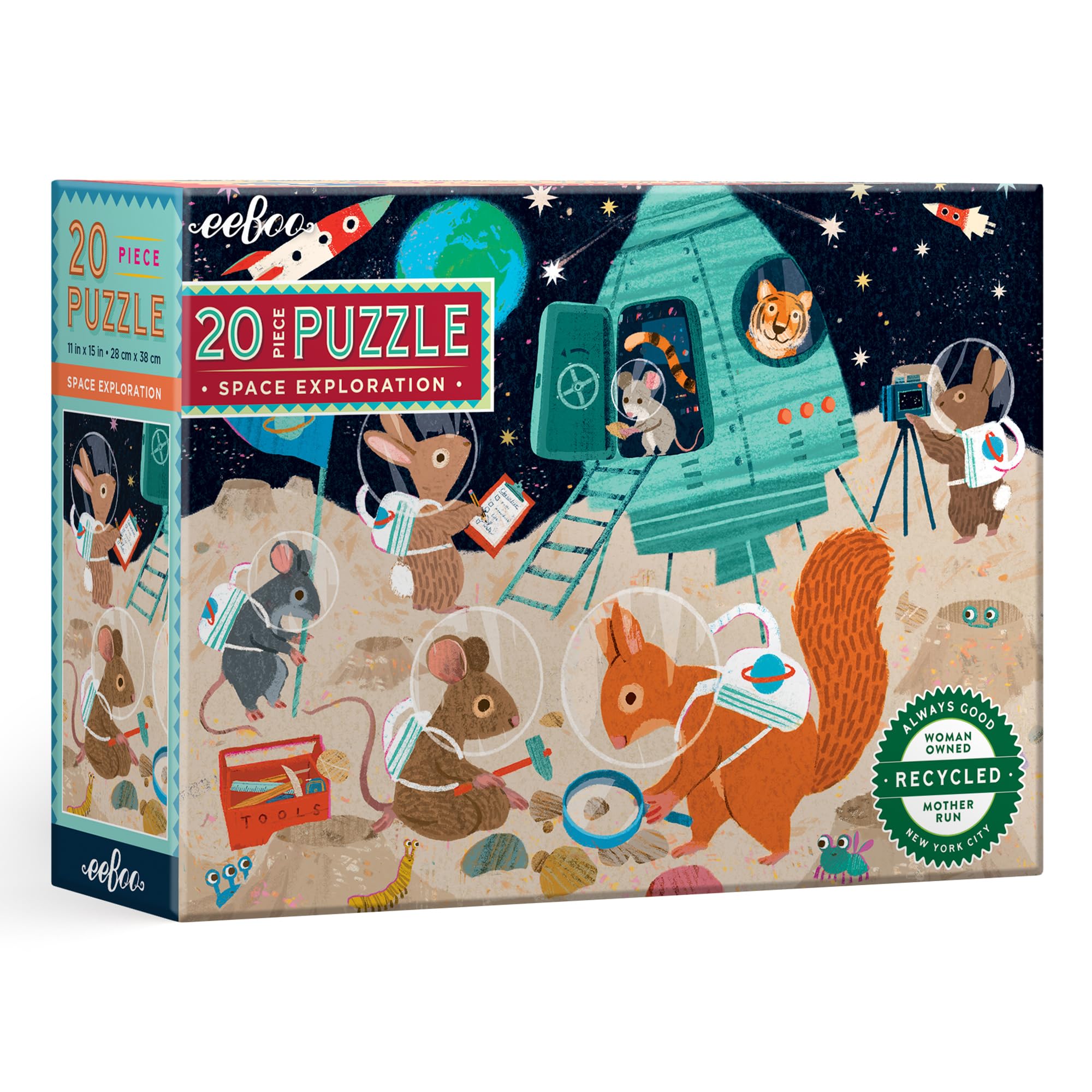 eeBoo: Space Exploration – 20-teiliges Puzzle – 15 x 11 Kinder-Puzzle, übergroße glänzende Teile, Tiere auf dem Mond, Vorschulpuzzle, ab 3 Jahren