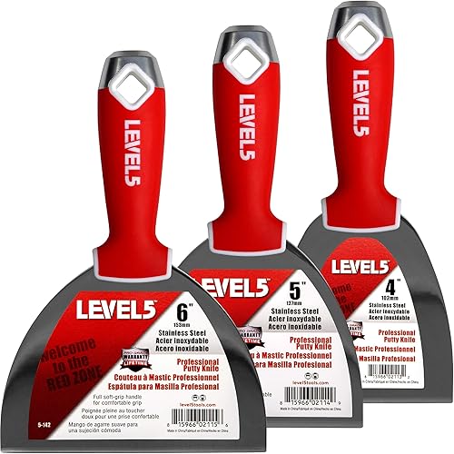 LEVEL5 Cuchillo para juntas de acero inoxidable, paquete de 3 con asas de agarre suave | 5-620