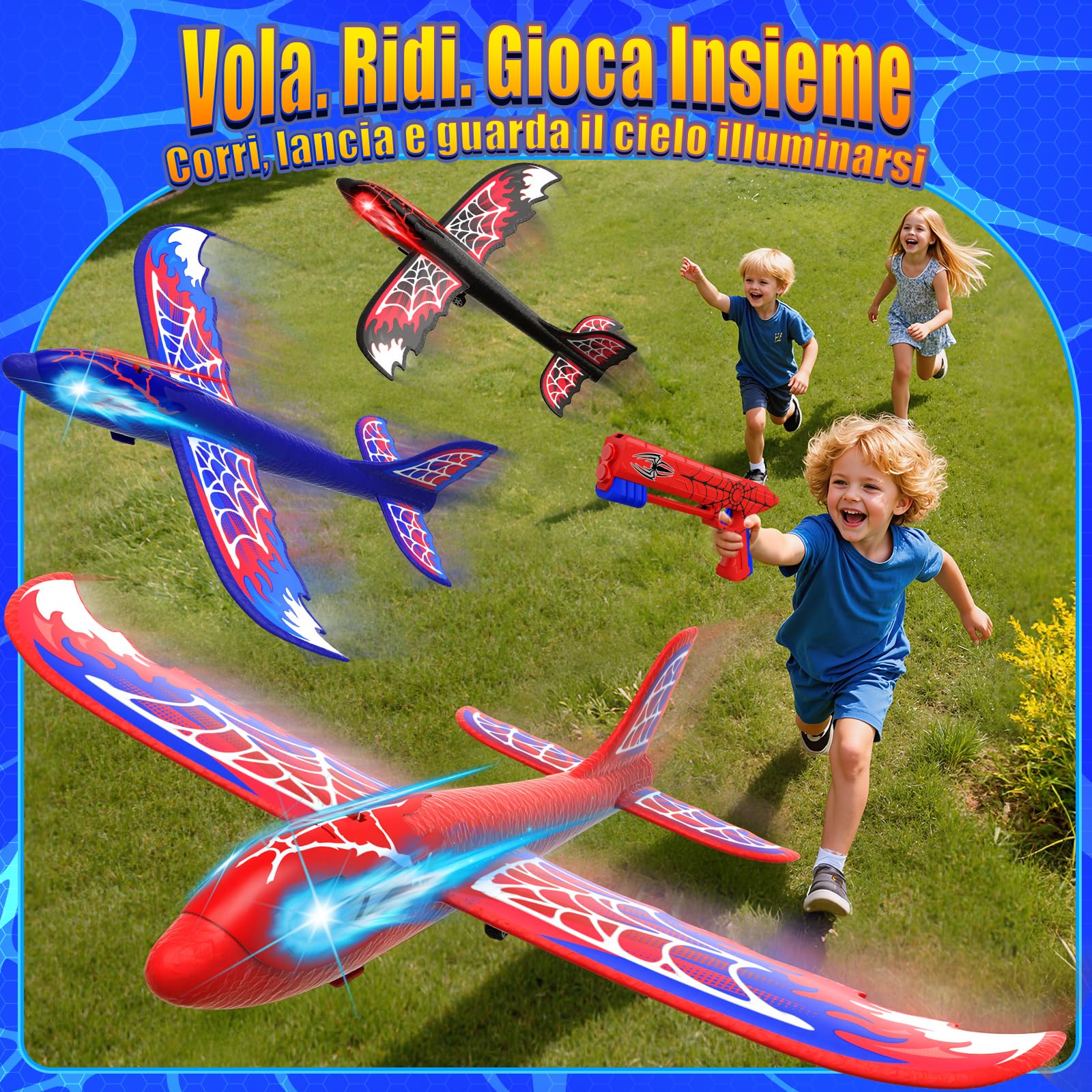 Aereo Giocattolo Lanciatore con 3 Aerei in Polistirolo, Occhi Luminosi e Ali Ragnatela Stile S-pider,Giocattolo da Esterno Bambini 3 4 5 6 7 8 9 Anni,Regalo Bambini 3-12 Anni Maschio Compleanno Natale