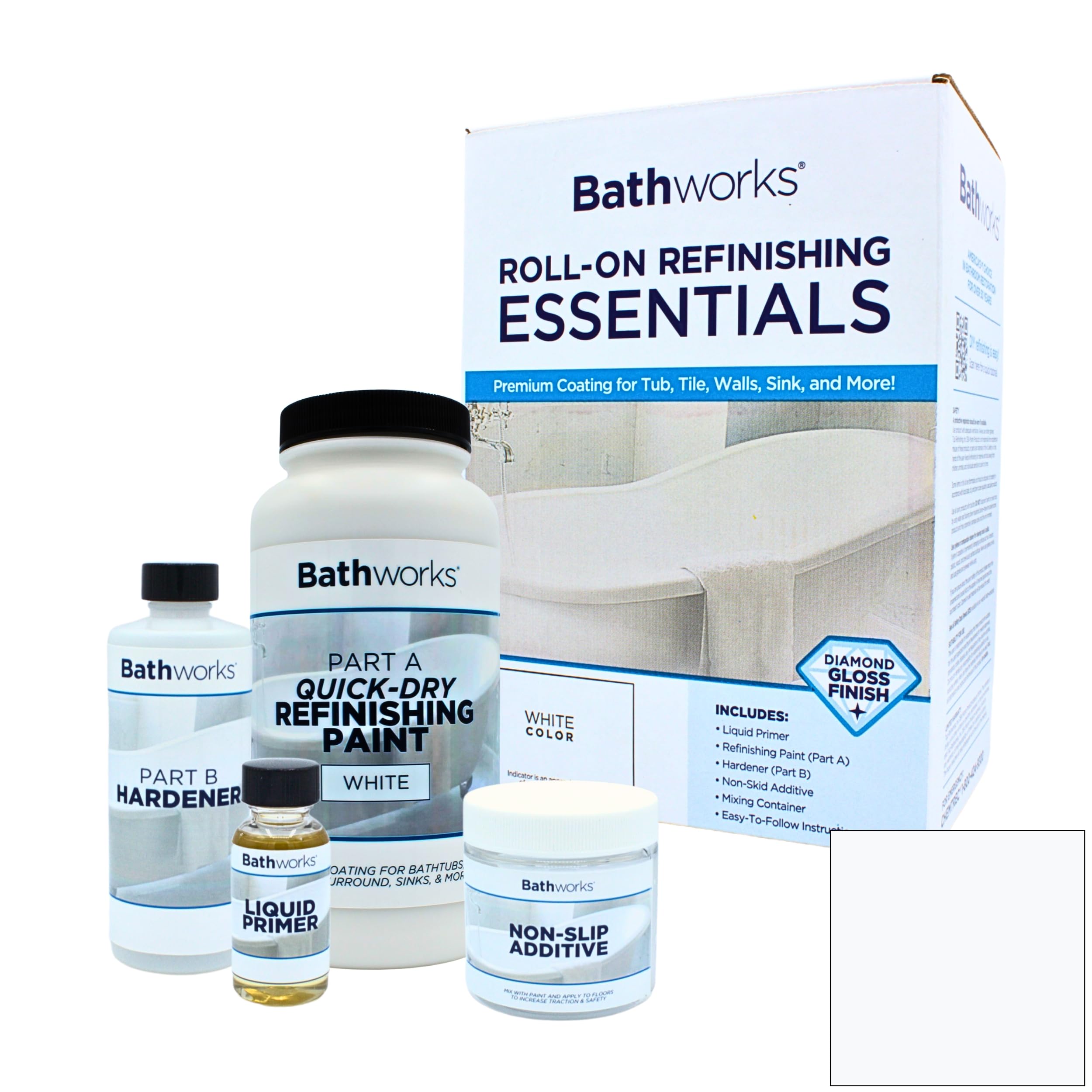 Bathworks Quick-Dry Essentials Roll-On Refinishing Kit - 22 fl oz, High Gloss White, Durable Acrylic Resin Coating with Non-Slip Additive - Fast 12-Hour Drying DIY System for Bathtubs, Tile, Sinks, & Showers (Paint Materials Only)