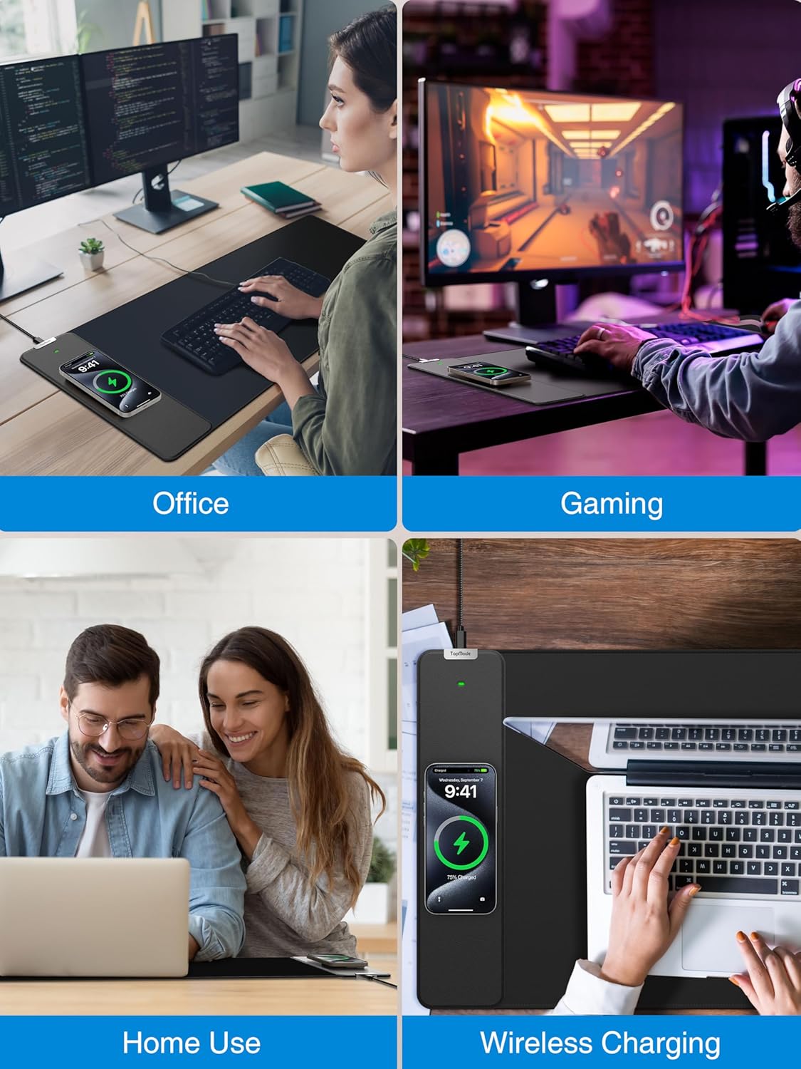 TopMade Wireless Charging Mouse Pad, Gaming Mousepad with Ultra-Smooth Surface, Non-Slip Base, Waterproof Computer Desk Pad, 31.5"x15.8" XXL Large Desk Mat for MacBook, PC, Laptop